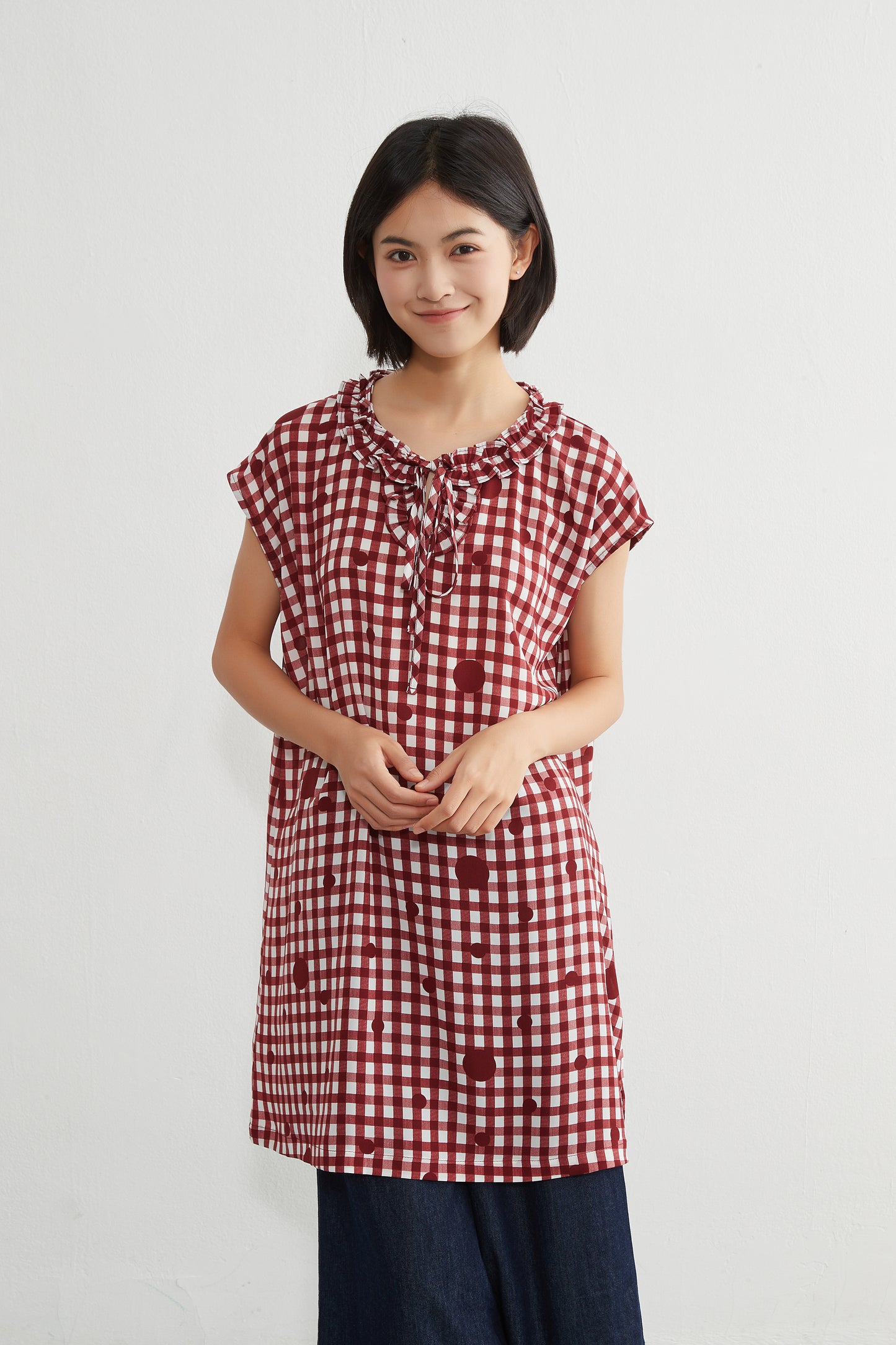 KNGT637・チェック水玉プリントフリル衿のとろみデシンチュニック丈ノースリーブワンピース