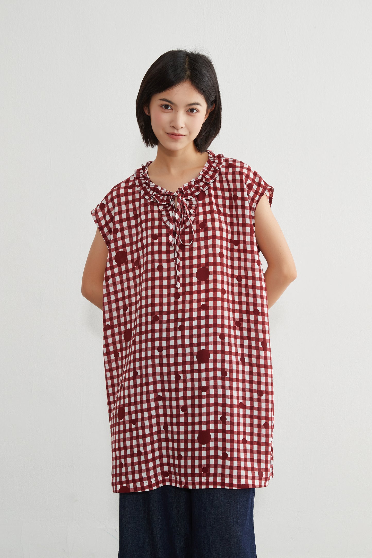 KNGT637・チェック水玉プリントフリル衿のとろみデシンチュニック丈ノースリーブワンピース