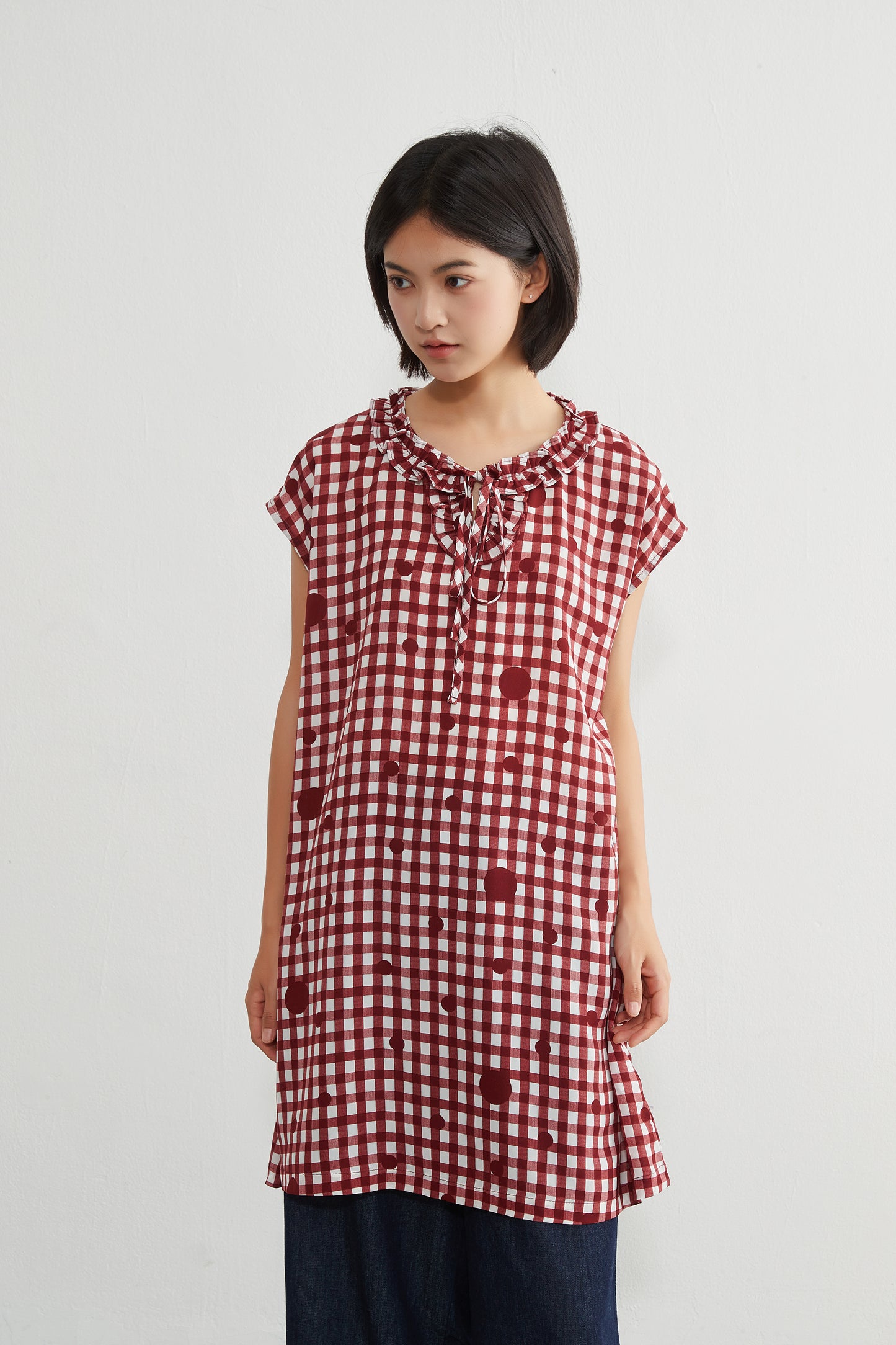 KNGT637・チェック水玉プリントフリル衿のとろみデシンチュニック丈ノースリーブワンピース