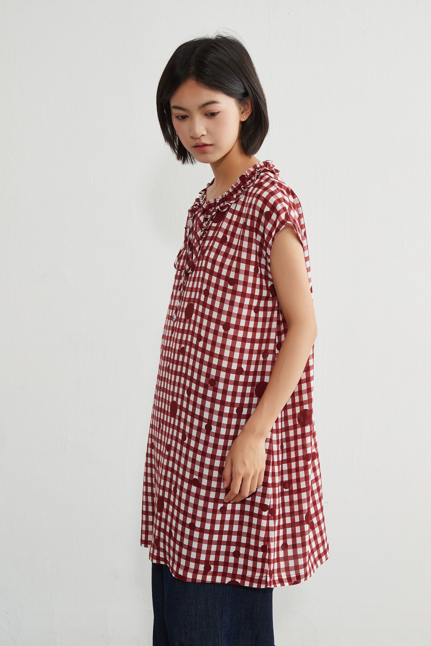 KNGT637・チェック水玉プリントフリル衿のとろみデシンチュニック丈ノースリーブワンピース