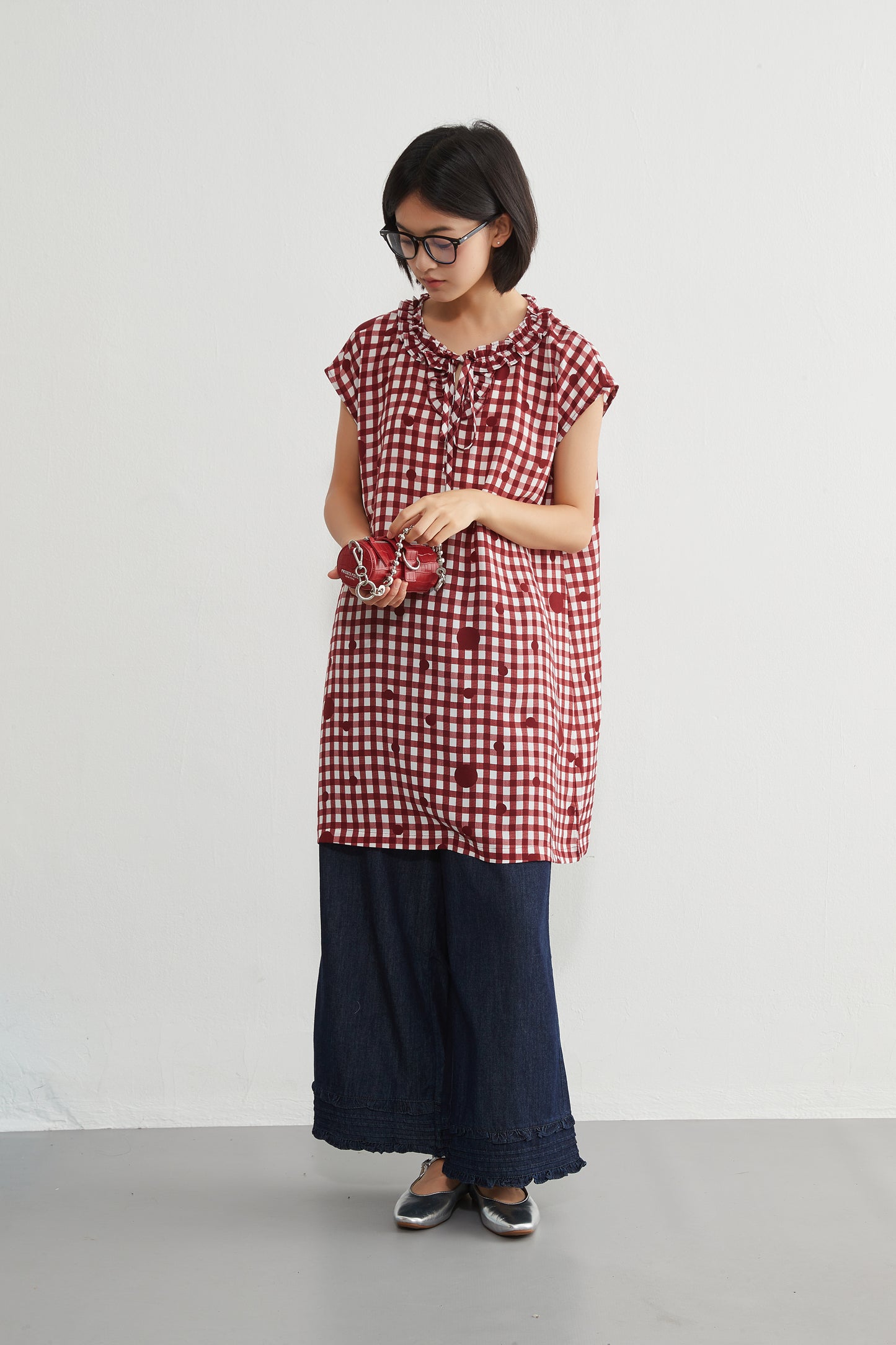 KNGT637・チェック水玉プリントフリル衿のとろみデシンチュニック丈ノースリーブワンピース