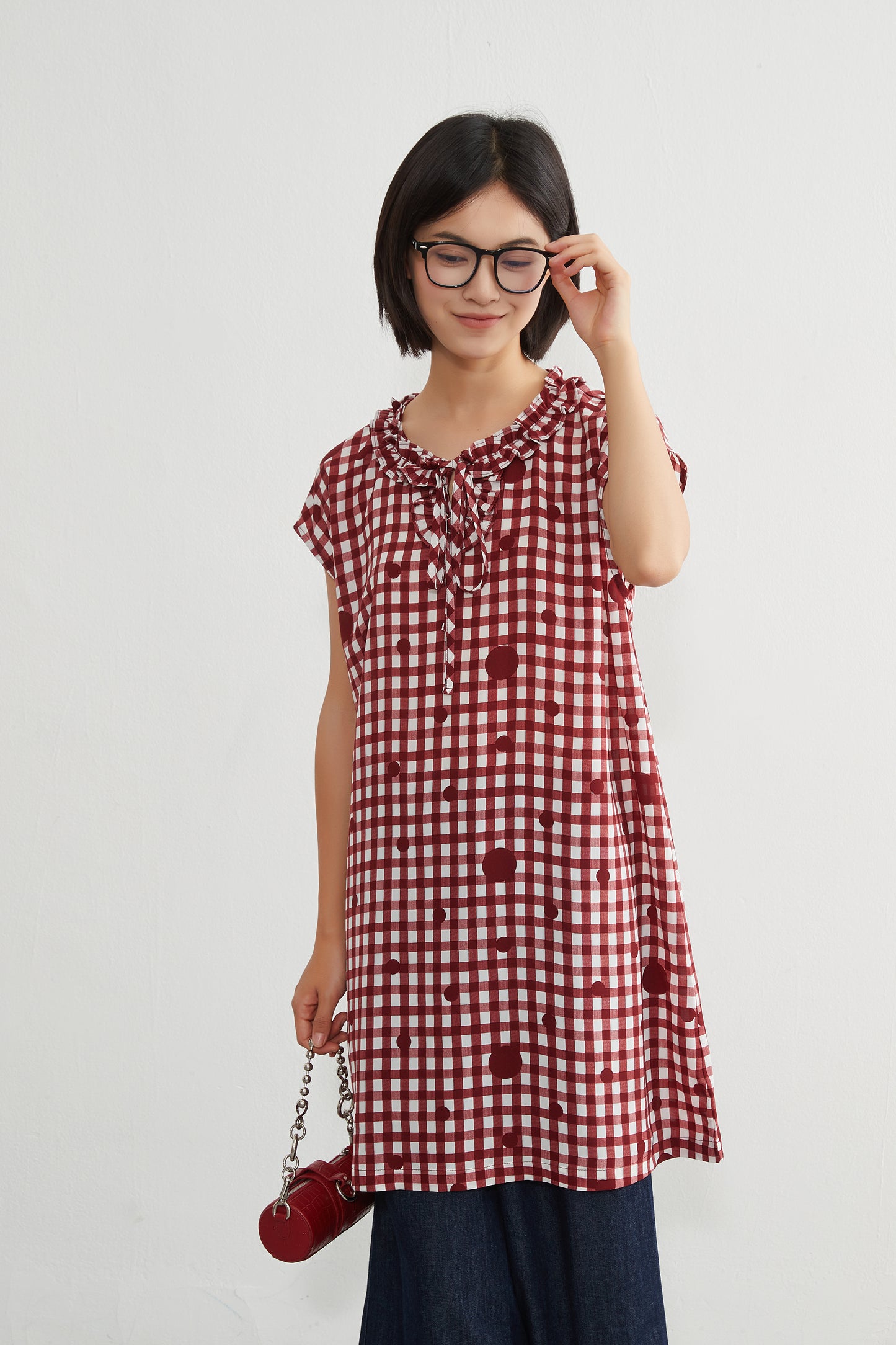 KNGT637・チェック水玉プリントフリル衿のとろみデシンチュニック丈ノースリーブワンピース