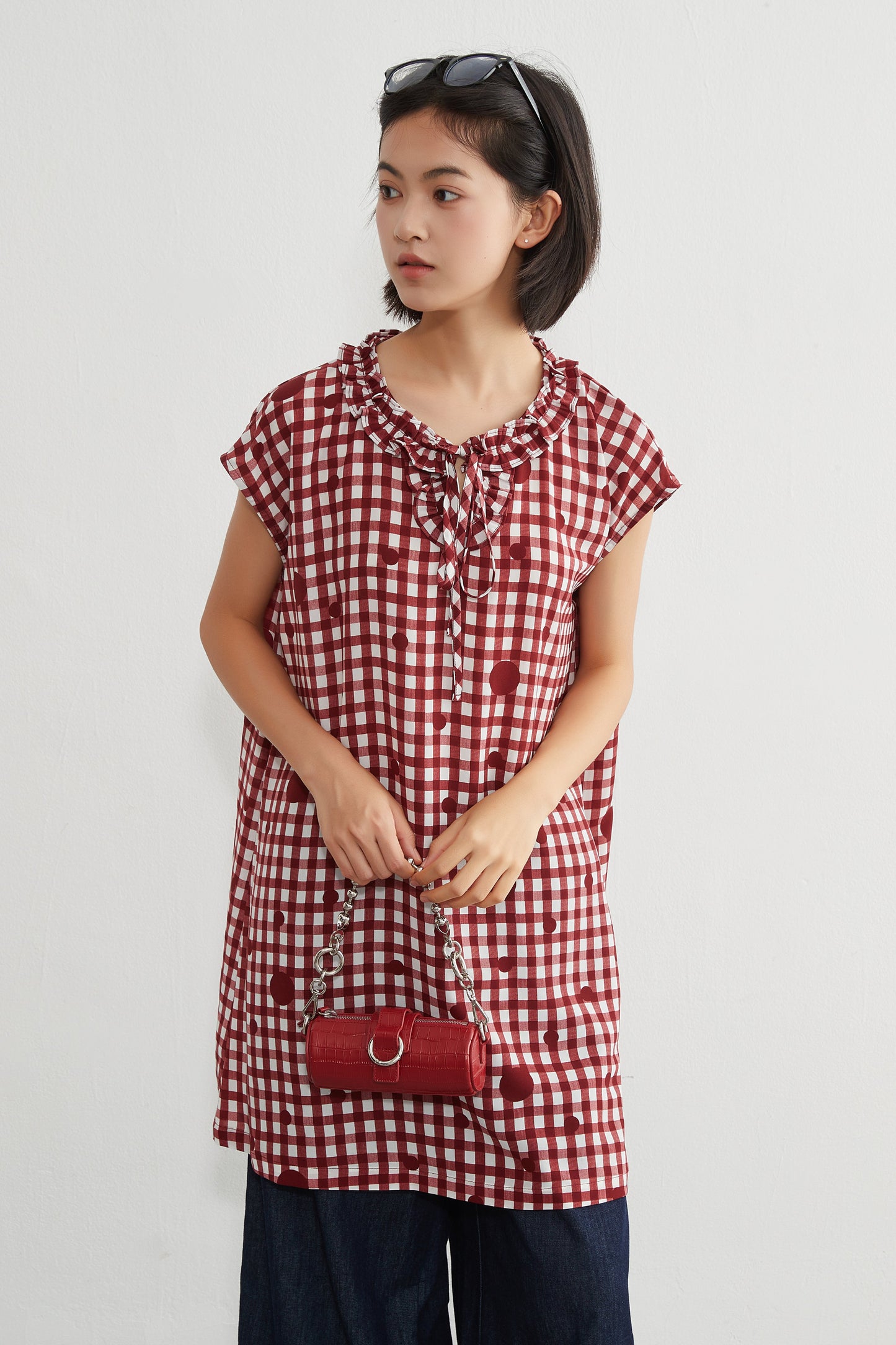 KNGT637・チェック水玉プリントフリル衿のとろみデシンチュニック丈ノースリーブワンピース