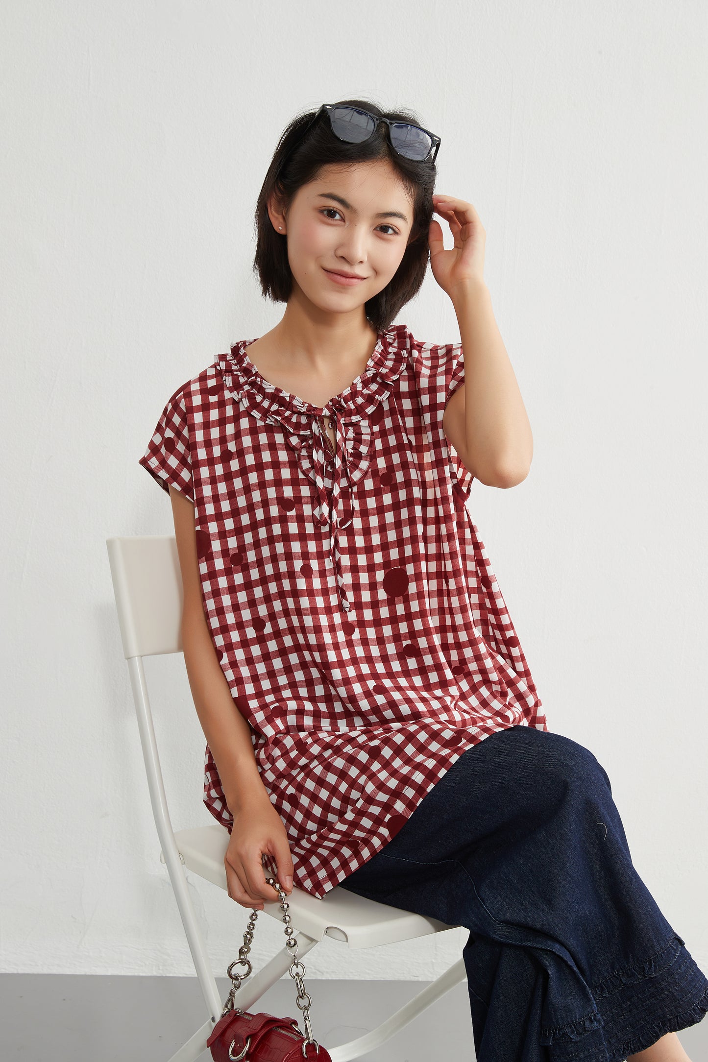 KNGT637・チェック水玉プリントフリル衿のとろみデシンチュニック丈ノースリーブワンピース