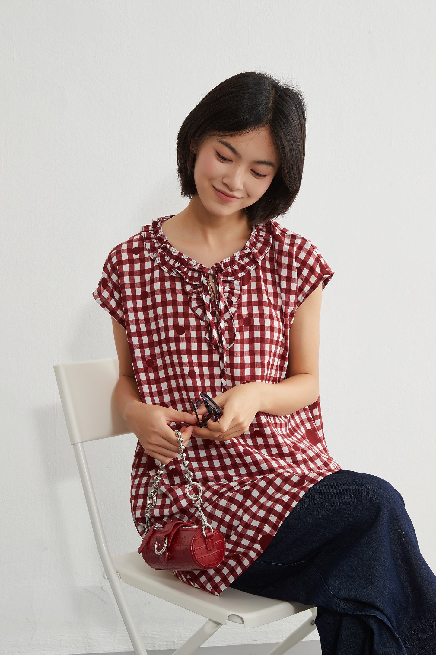 KNGT637・チェック水玉プリントフリル衿のとろみデシンチュニック丈ノースリーブワンピース