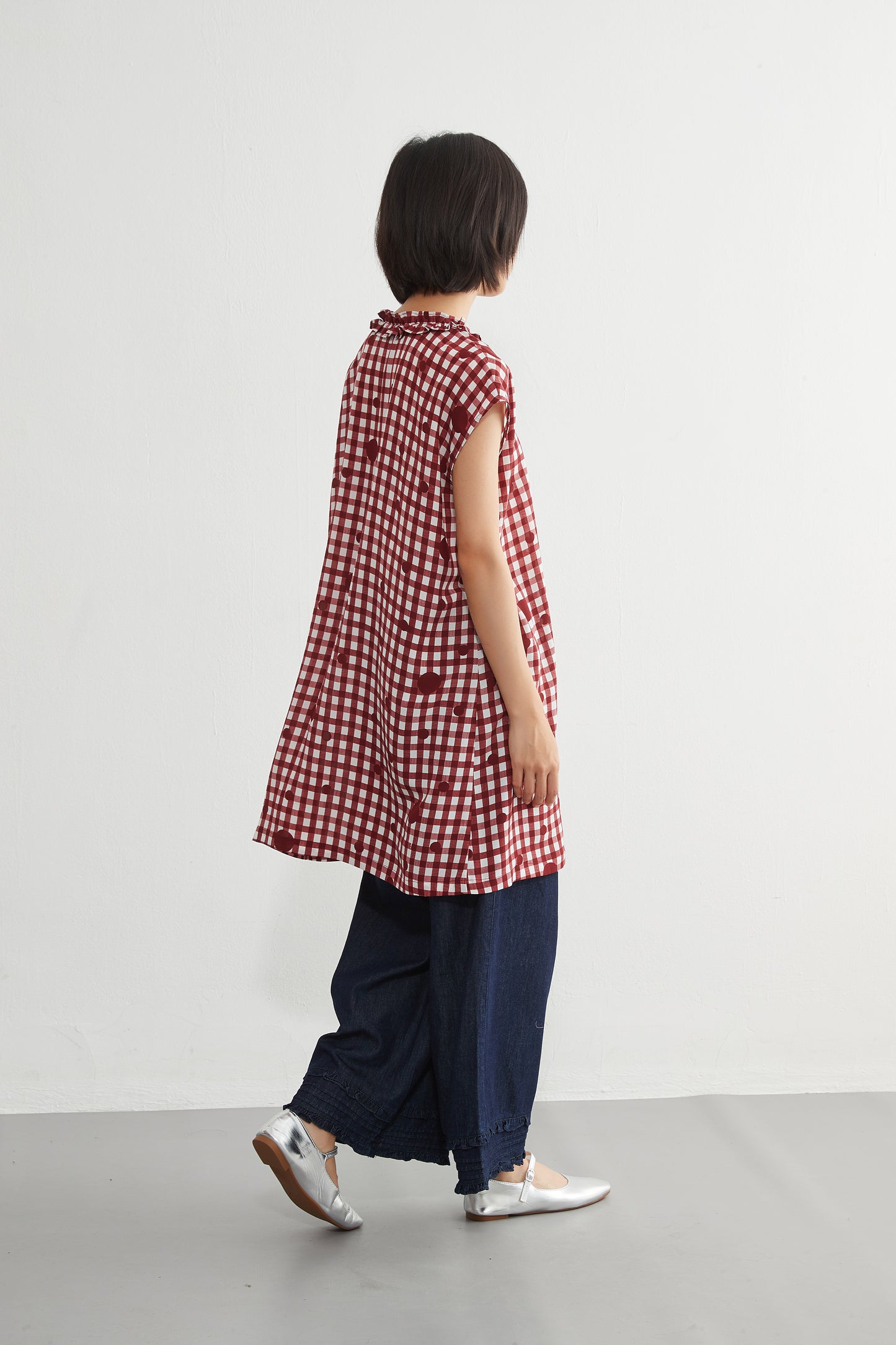 KNGT637・チェック水玉プリントフリル衿のとろみデシンチュニック丈ノースリーブワンピース