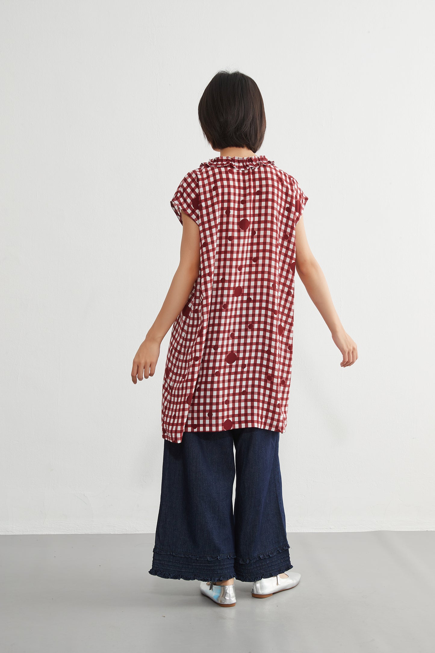 KNGT637・チェック水玉プリントフリル衿のとろみデシンチュニック丈ノースリーブワンピース