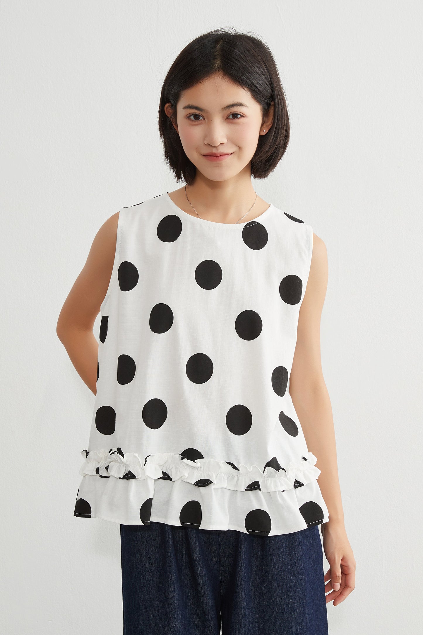 KNGT636・麻混裾フリルBIGドット柄ノースリーブTOP