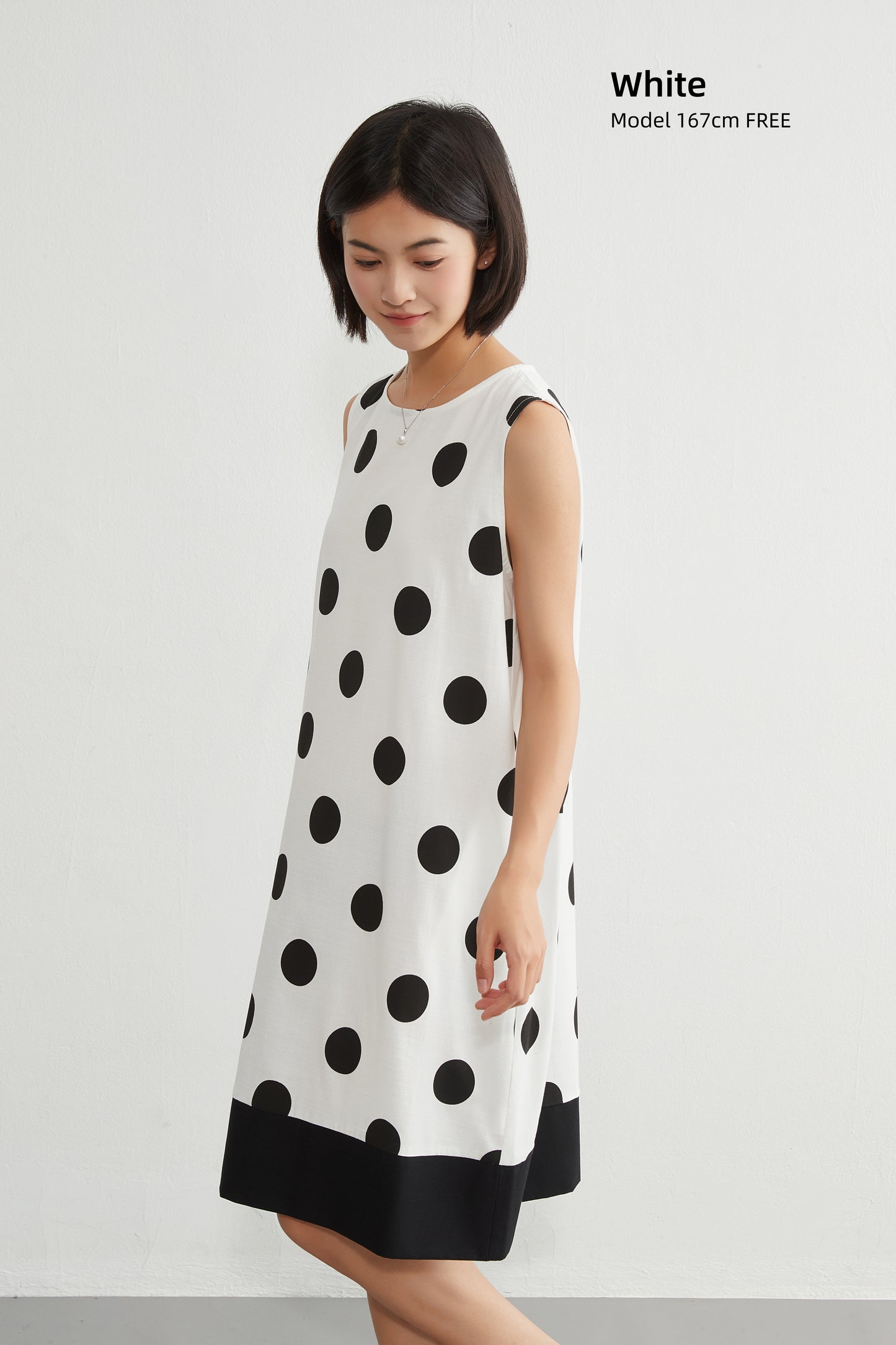 KNGT635・麻混BIGドット柄ノースリーブ裾切替ワンピース