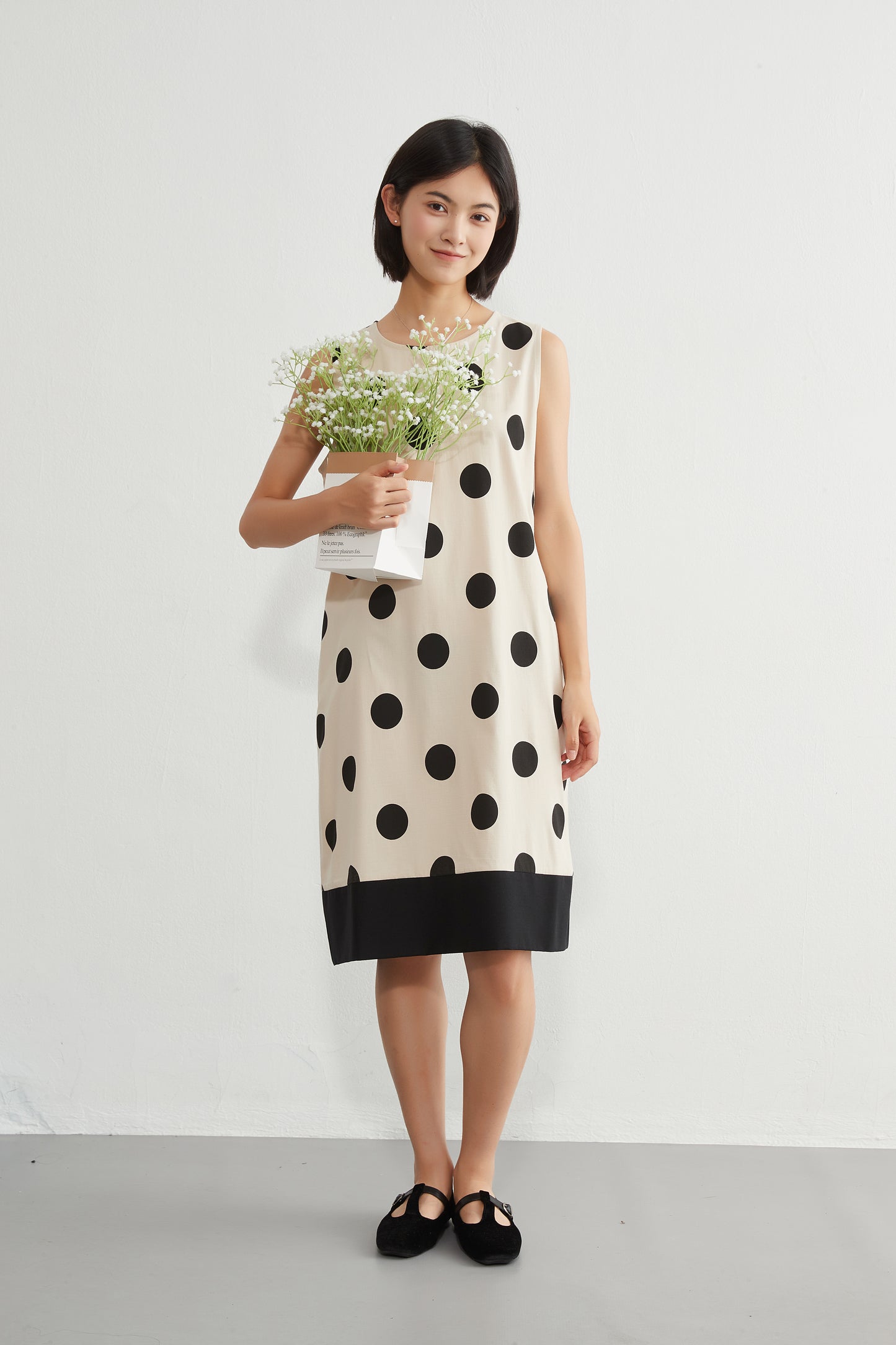 KNGT635・麻混BIGドット柄ノースリーブ裾切替ワンピース