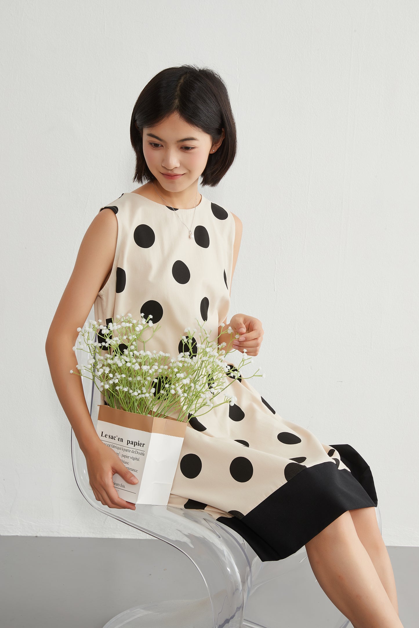 KNGT635・麻混BIGドット柄ノースリーブ裾切替ワンピース