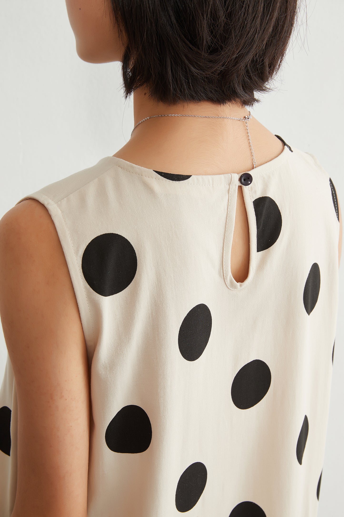 KNGT635・麻混BIGドット柄ノースリーブ裾切替ワンピース