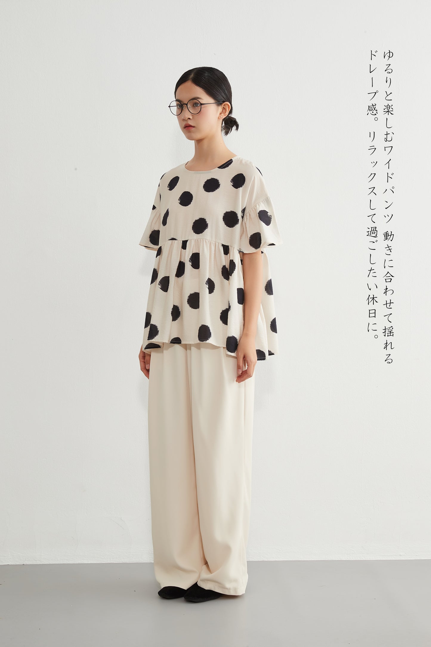 KNGT638・かすれビッグドットたっぷりギャザー切替TOPプルオーバー