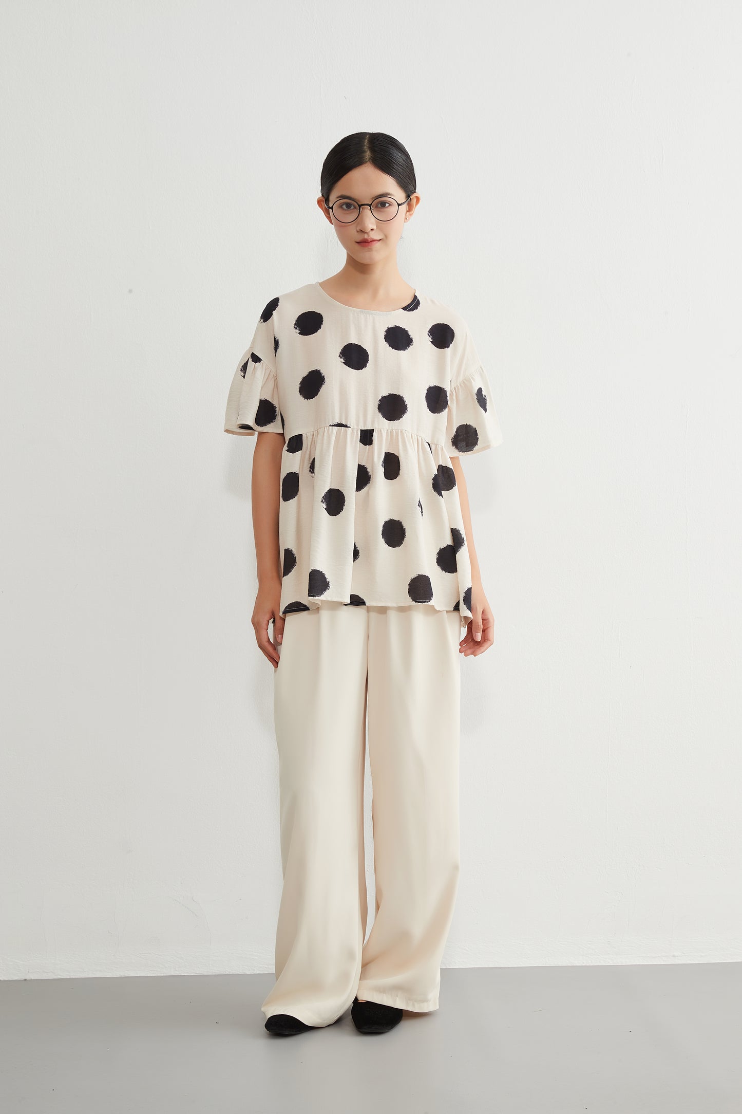 KNGT638・かすれビッグドットたっぷりギャザー切替TOPプルオーバー