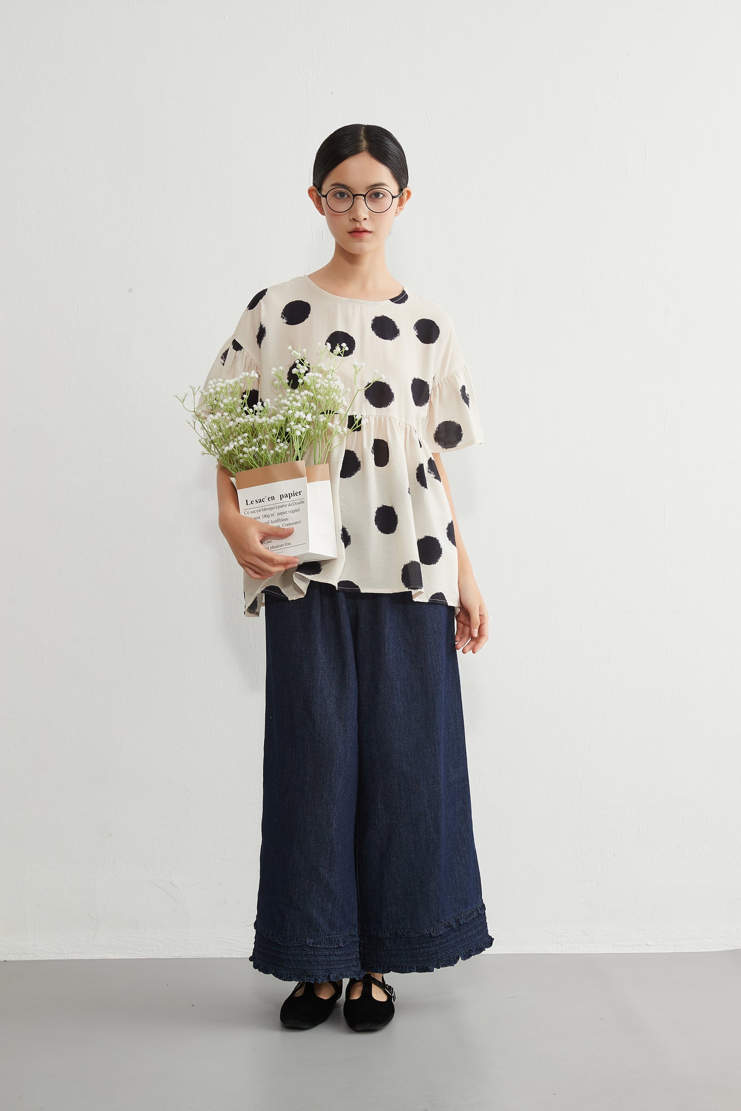 KNGT638・かすれビッグドットたっぷりギャザー切替TOPプルオーバー