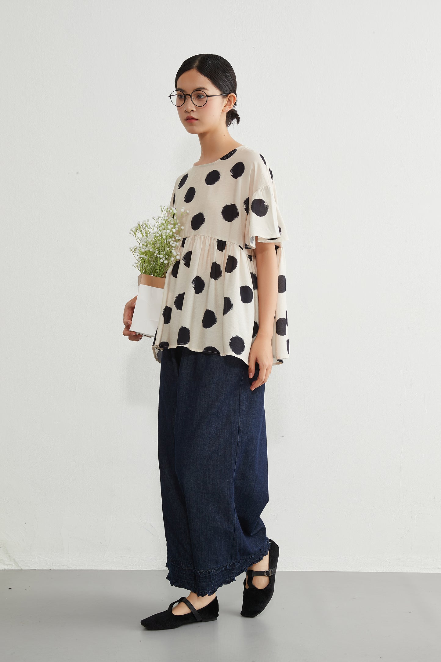 KNGT638・かすれビッグドットたっぷりギャザー切替TOPプルオーバー