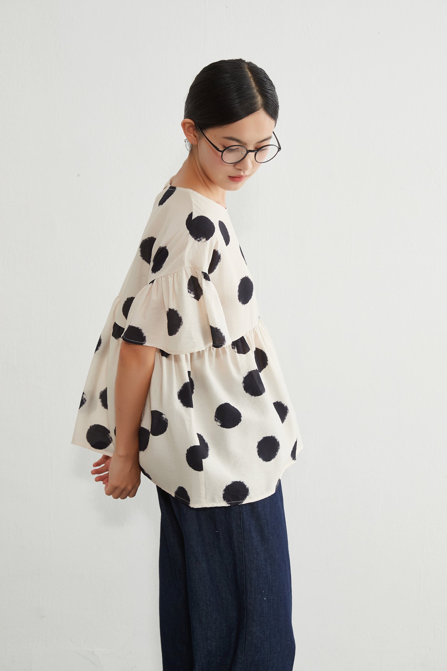 KNGT638・かすれビッグドットたっぷりギャザー切替TOPプルオーバー