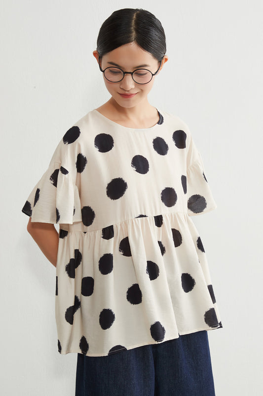 KNGT638・かすれビッグドットたっぷりギャザー切替TOPプルオーバー
