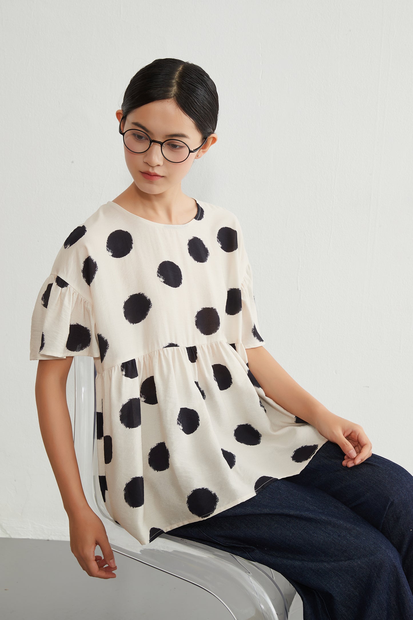 KNGT638・かすれビッグドットたっぷりギャザー切替TOPプルオーバー