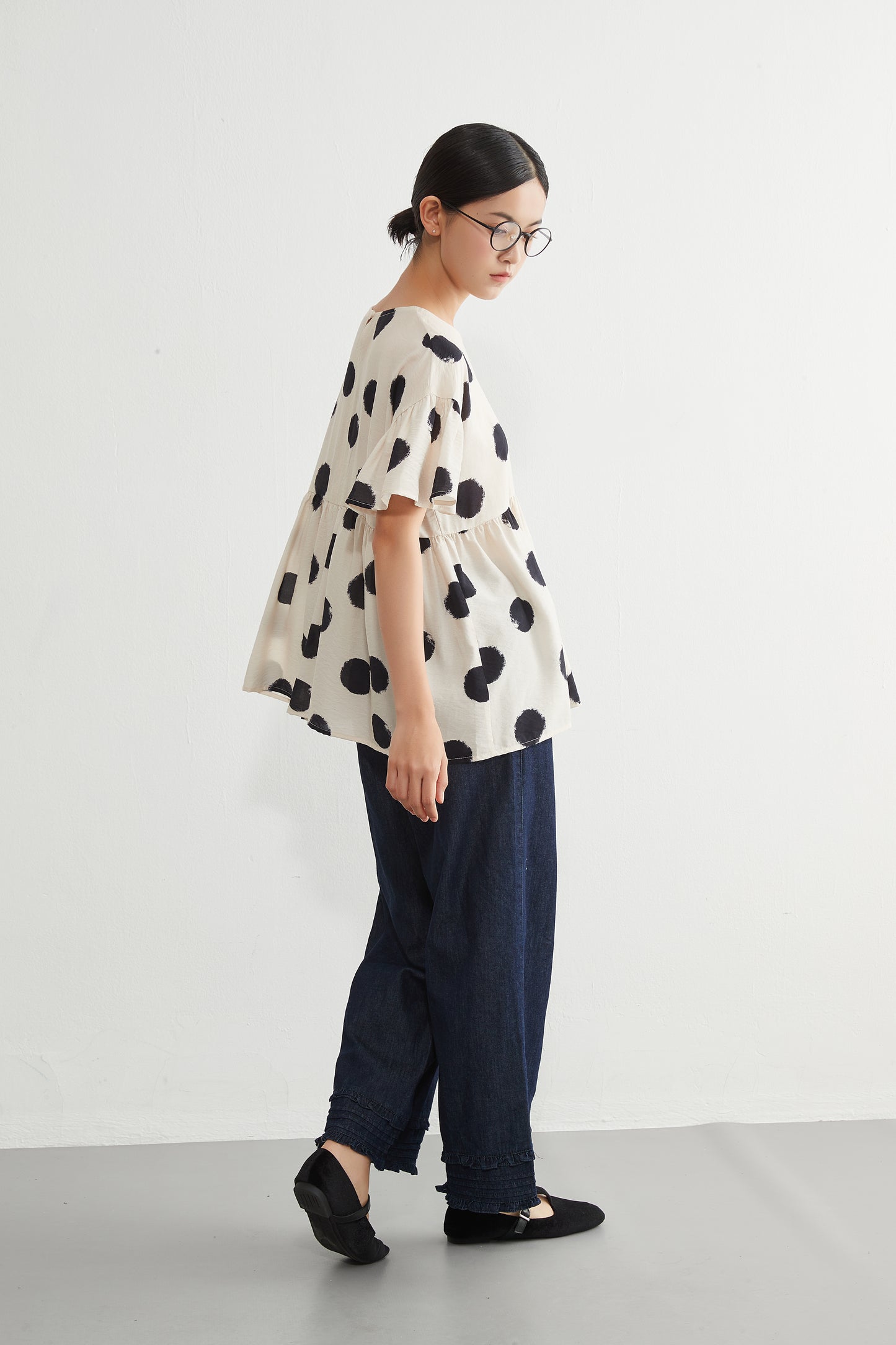 KNGT638・かすれビッグドットたっぷりギャザー切替TOPプルオーバー