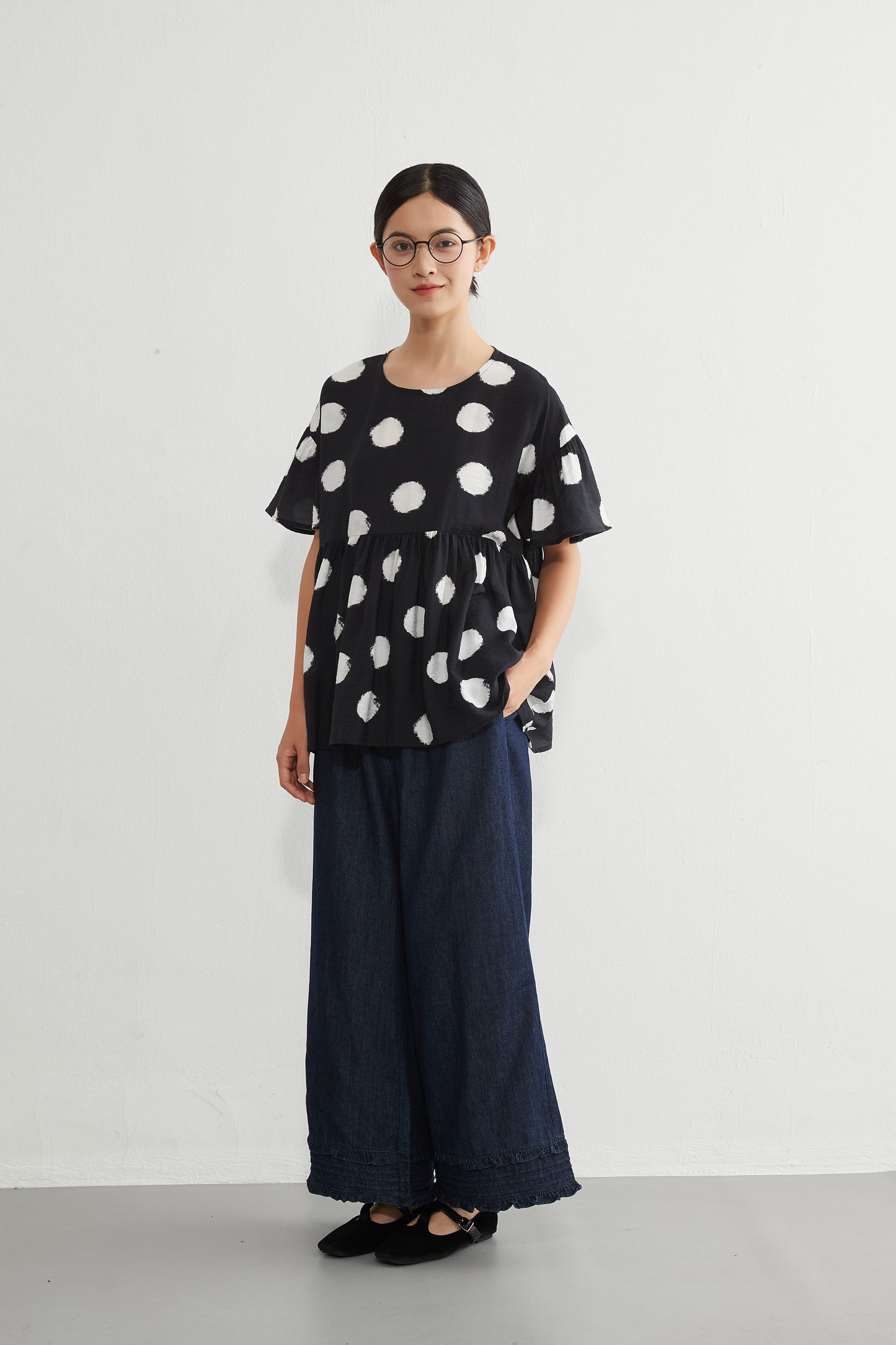 KNGT638・かすれビッグドットたっぷりギャザー切替TOPプルオーバー