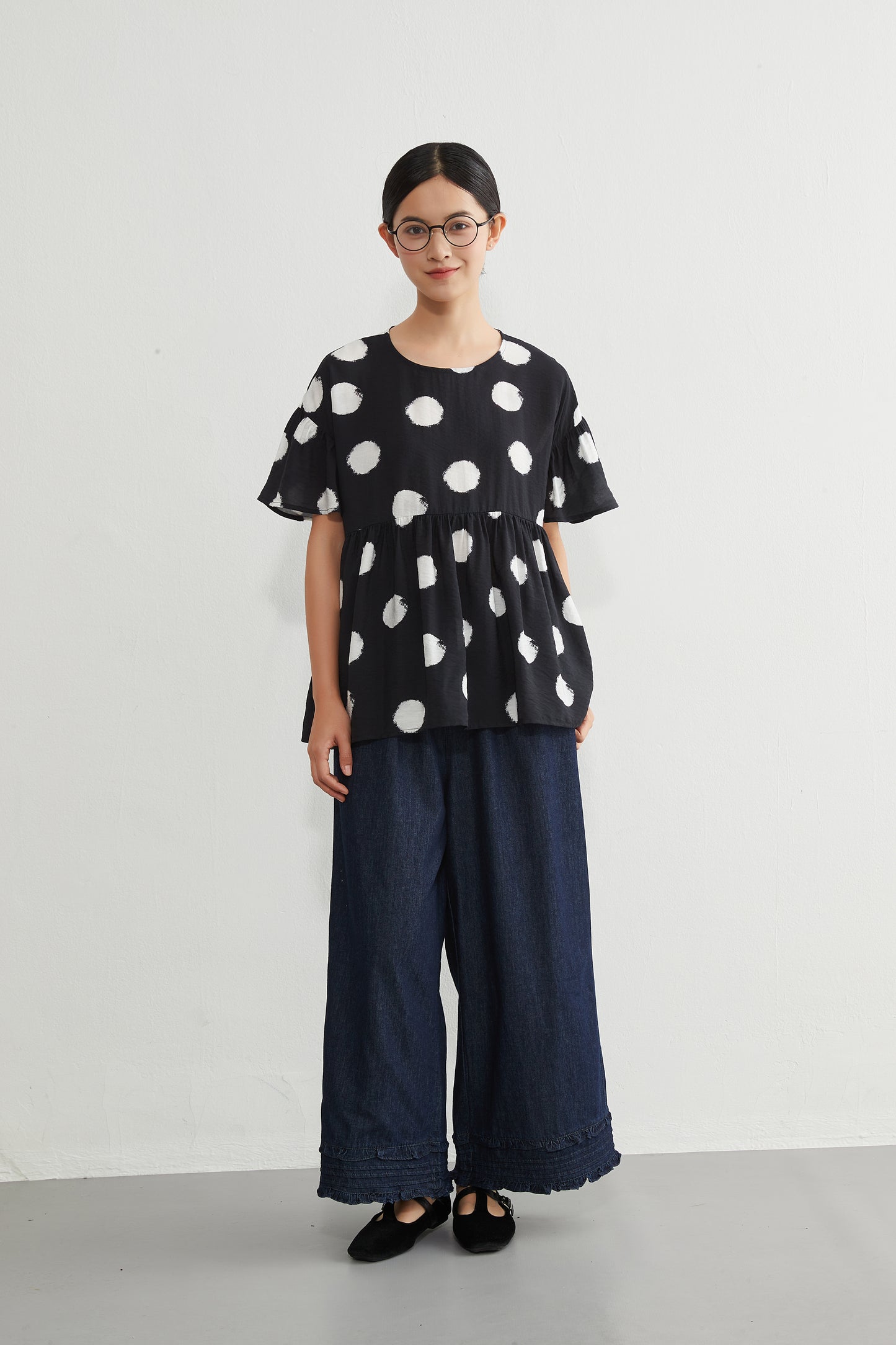 KNGT638・かすれビッグドットたっぷりギャザー切替TOPプルオーバー