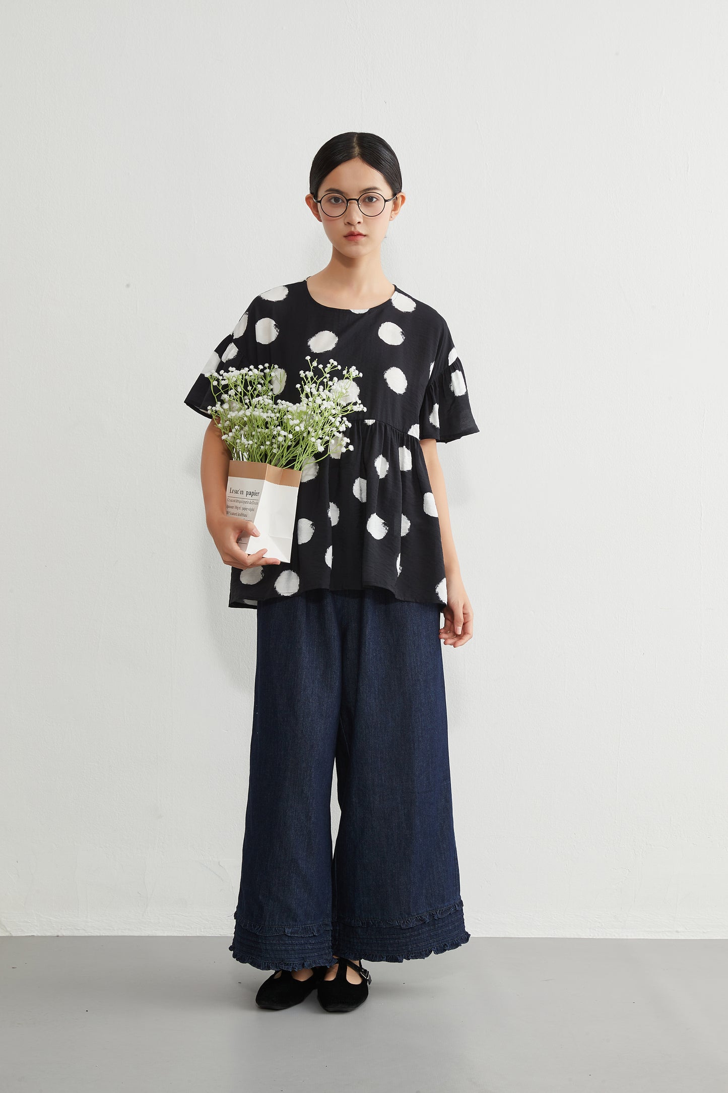 KNGT638・かすれビッグドットたっぷりギャザー切替TOPプルオーバー