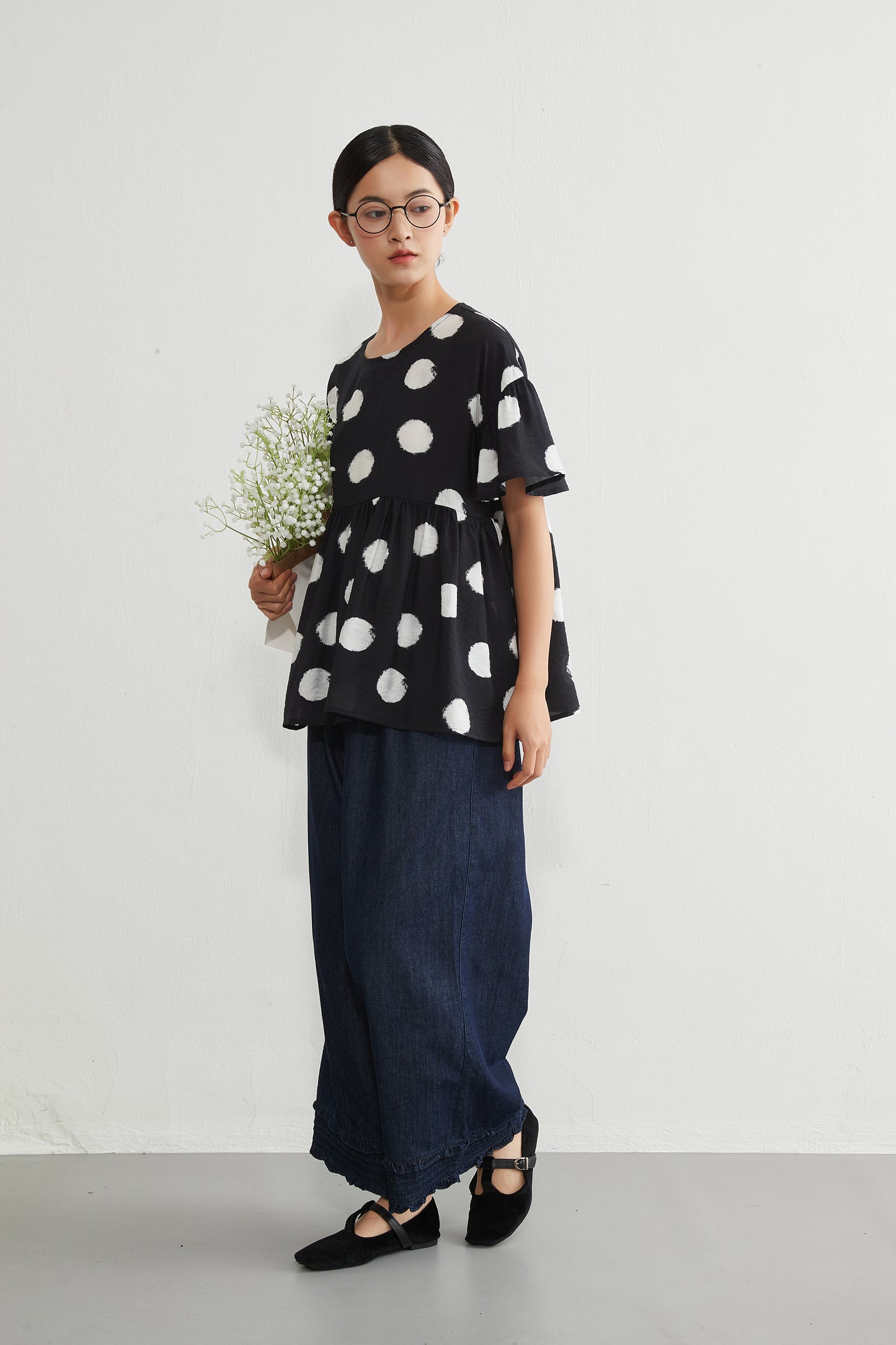 KNGT638・かすれビッグドットたっぷりギャザー切替TOPプルオーバー