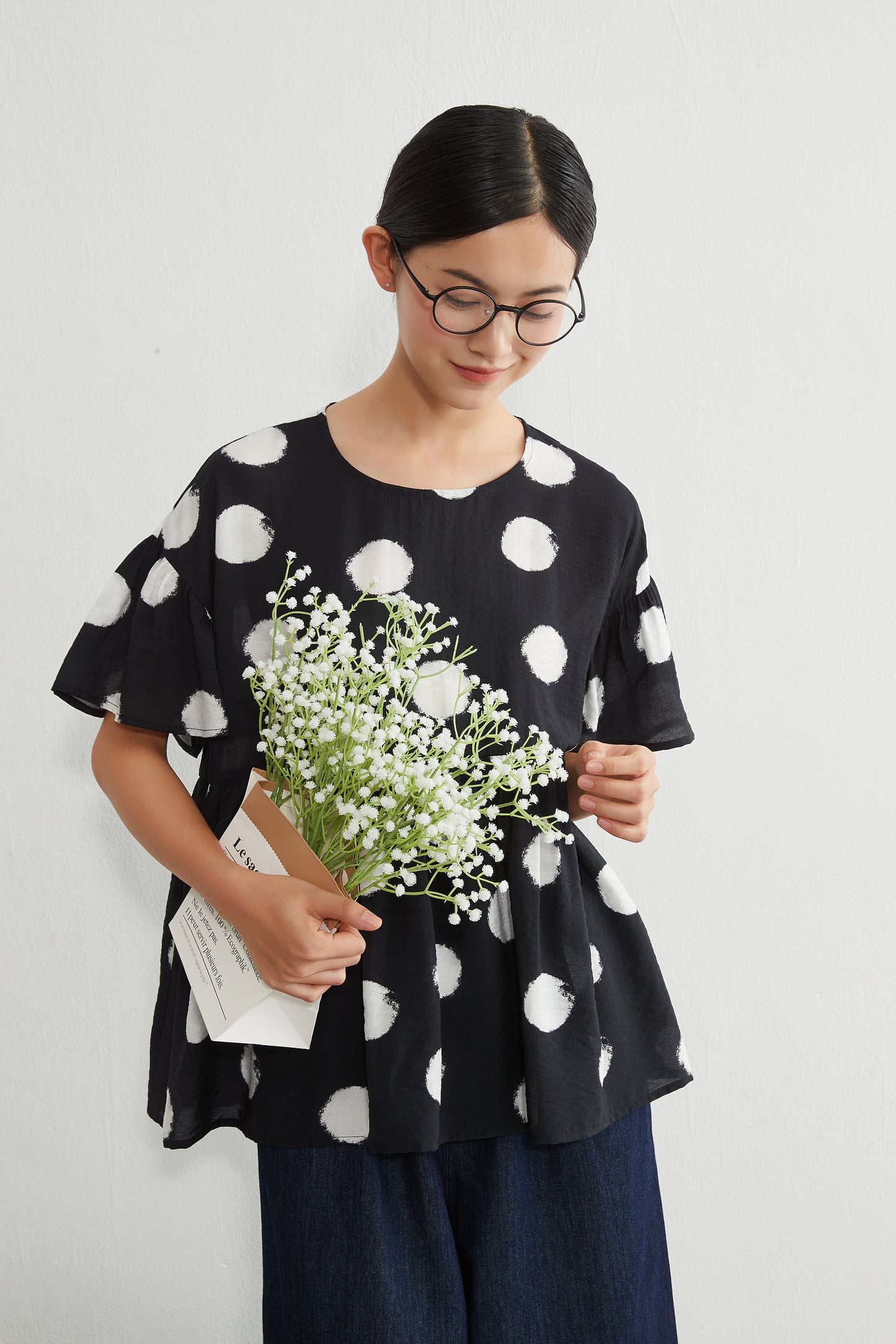 KNGT638・かすれビッグドットたっぷりギャザー切替TOPプルオーバー