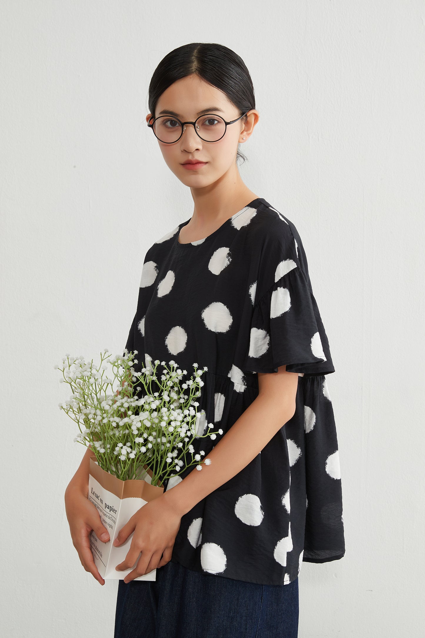 KNGT638・かすれビッグドットたっぷりギャザー切替TOPプルオーバー