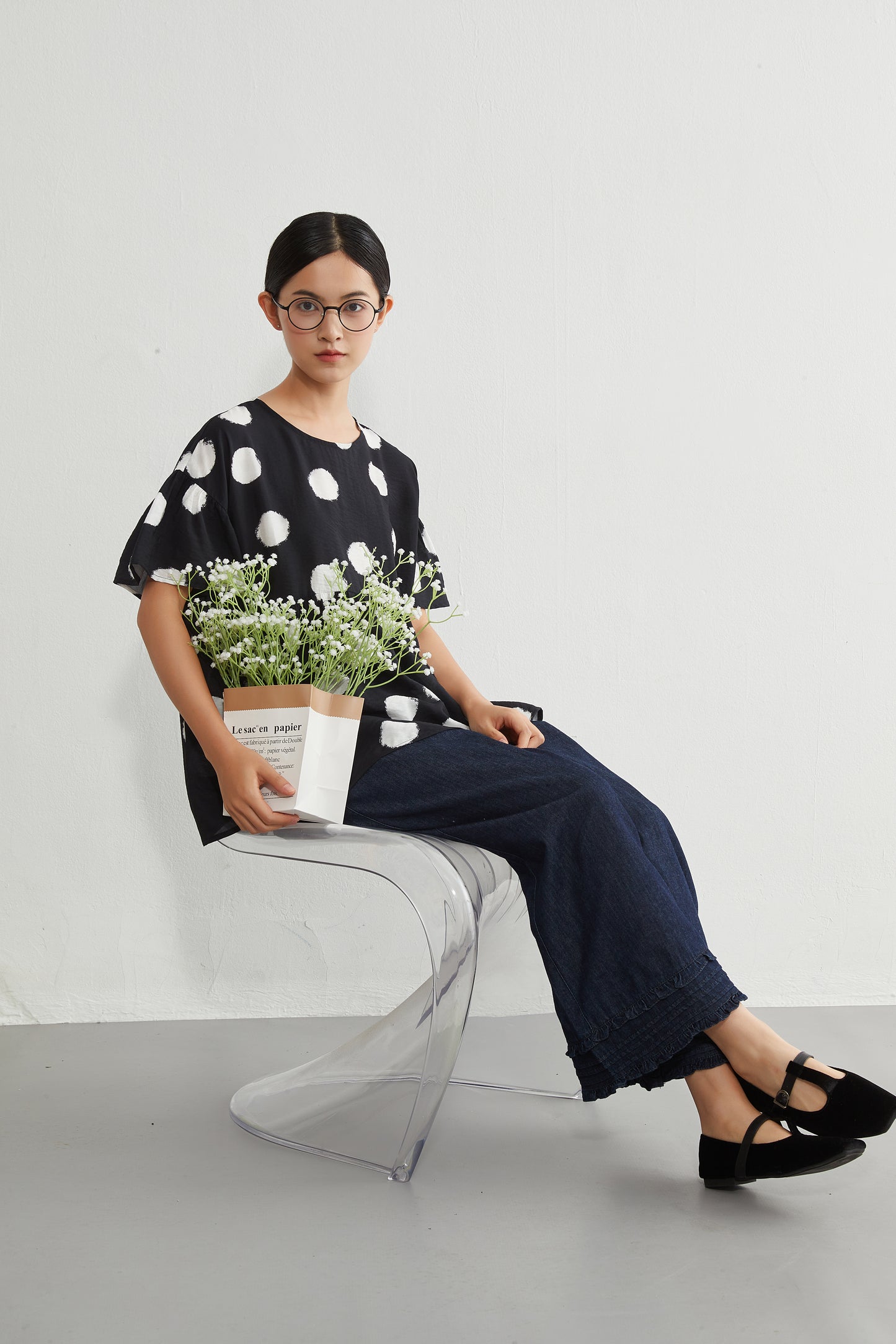 KNGT638・かすれビッグドットたっぷりギャザー切替TOPプルオーバー