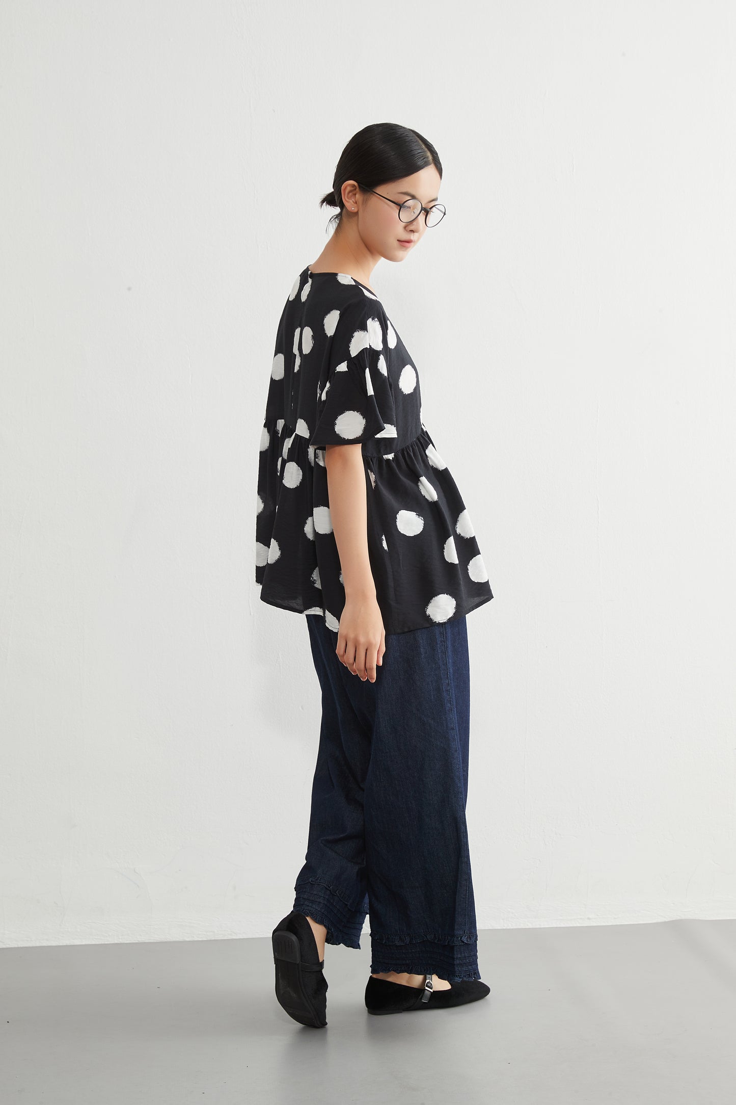 KNGT638・かすれビッグドットたっぷりギャザー切替TOPプルオーバー