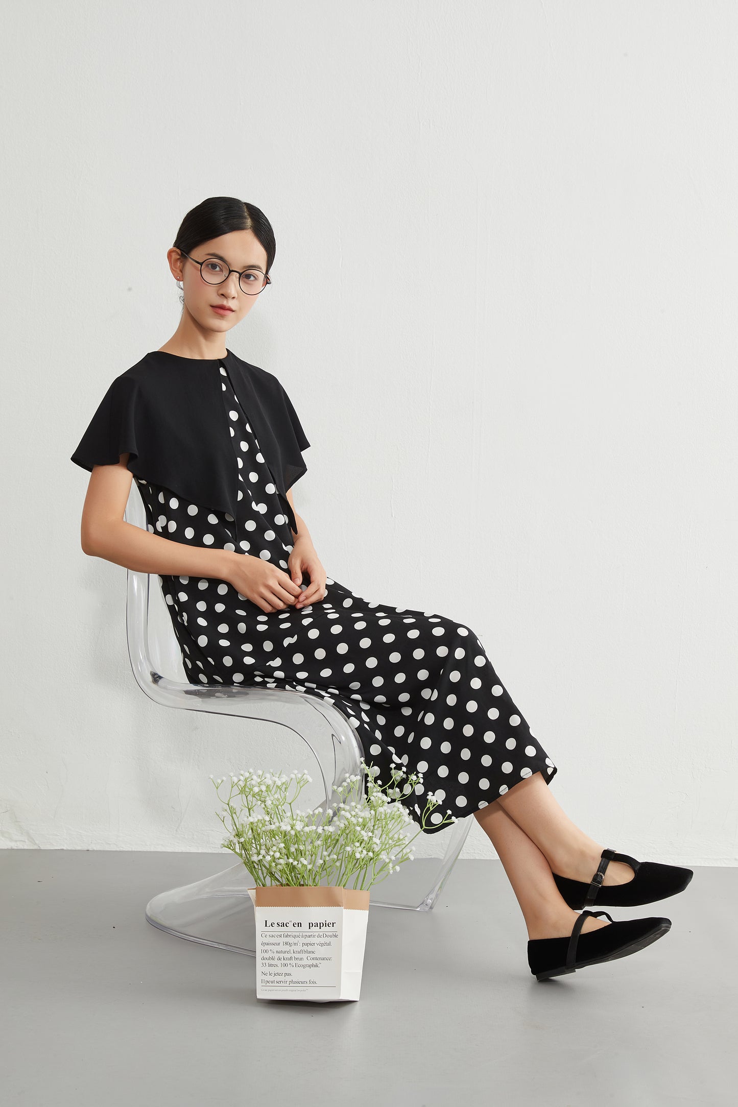 KNGT639・DOTドット柄ケープ風衿ノースリーブAラインワンピース・ポケット付き