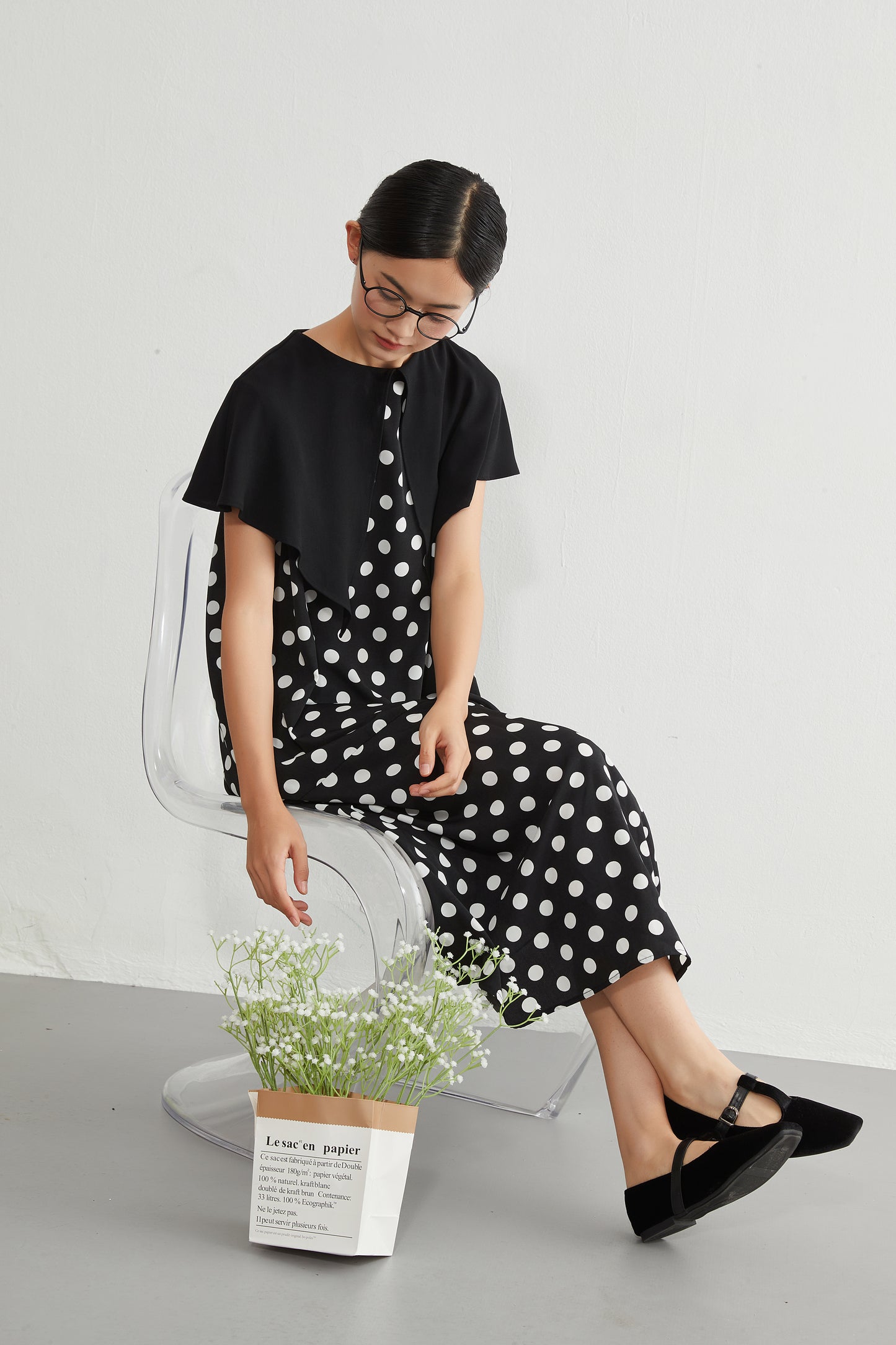 KNGT639・DOTドット柄ケープ風衿ノースリーブAラインワンピース・ポケット付き