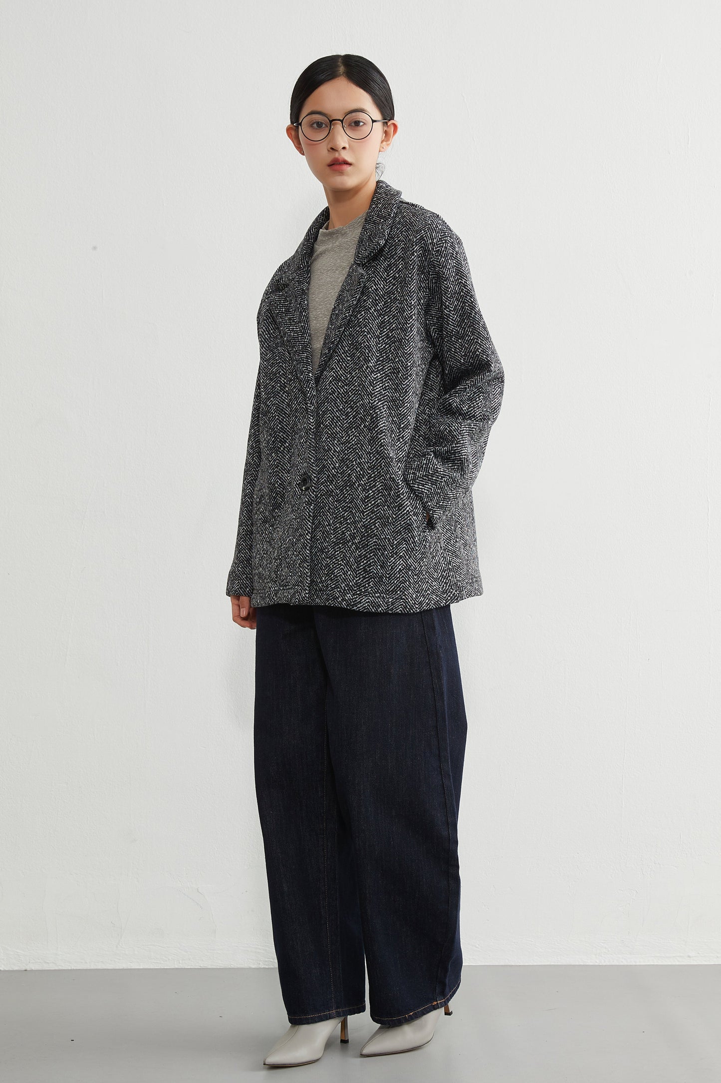 KNR643・ヘリンボーン柄裏起毛テーラードジャケット秋冬長袖暖かいアウター