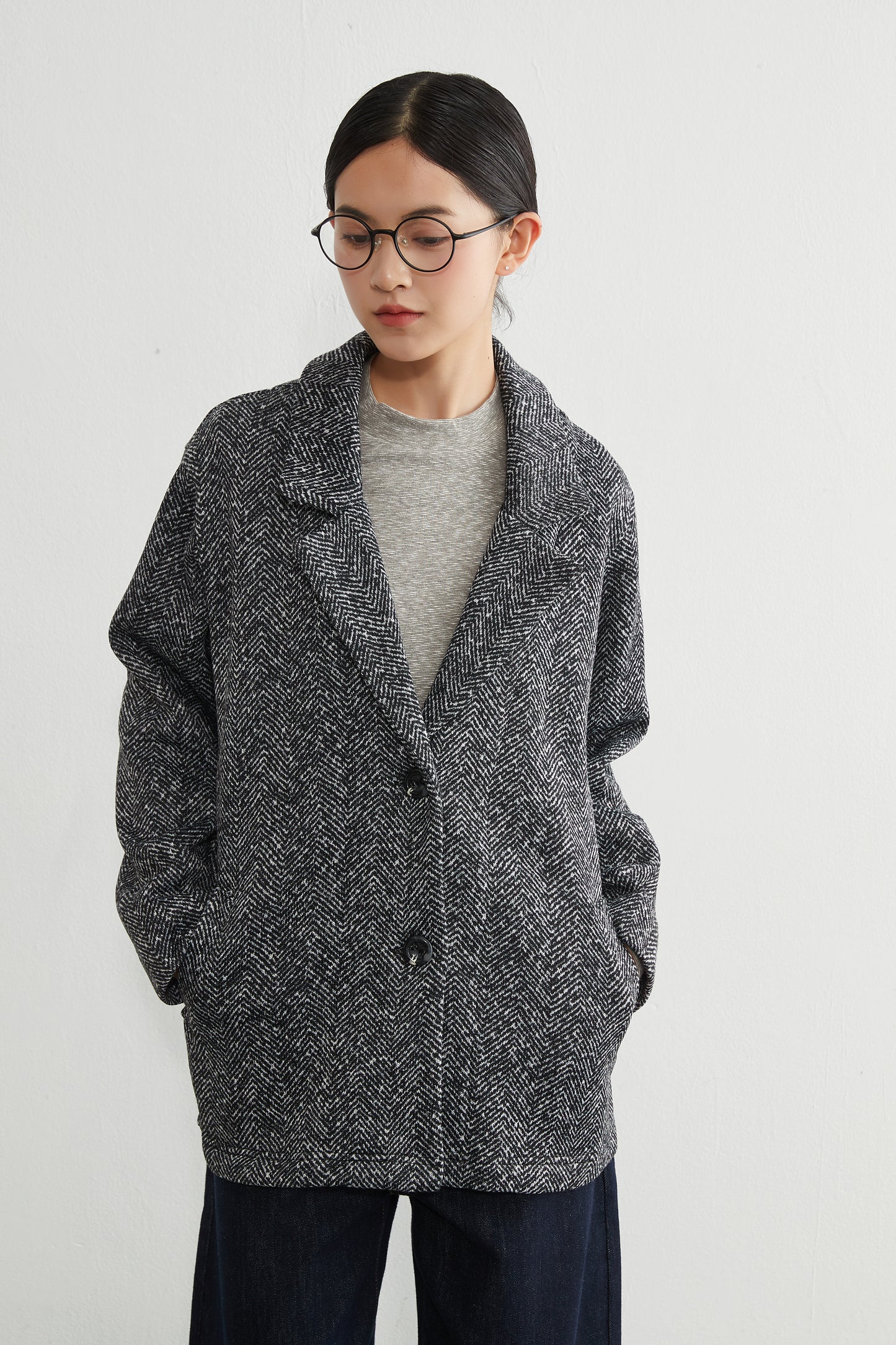 KNR643・ヘリンボーン柄裏起毛テーラードジャケット秋冬長袖暖かいアウター