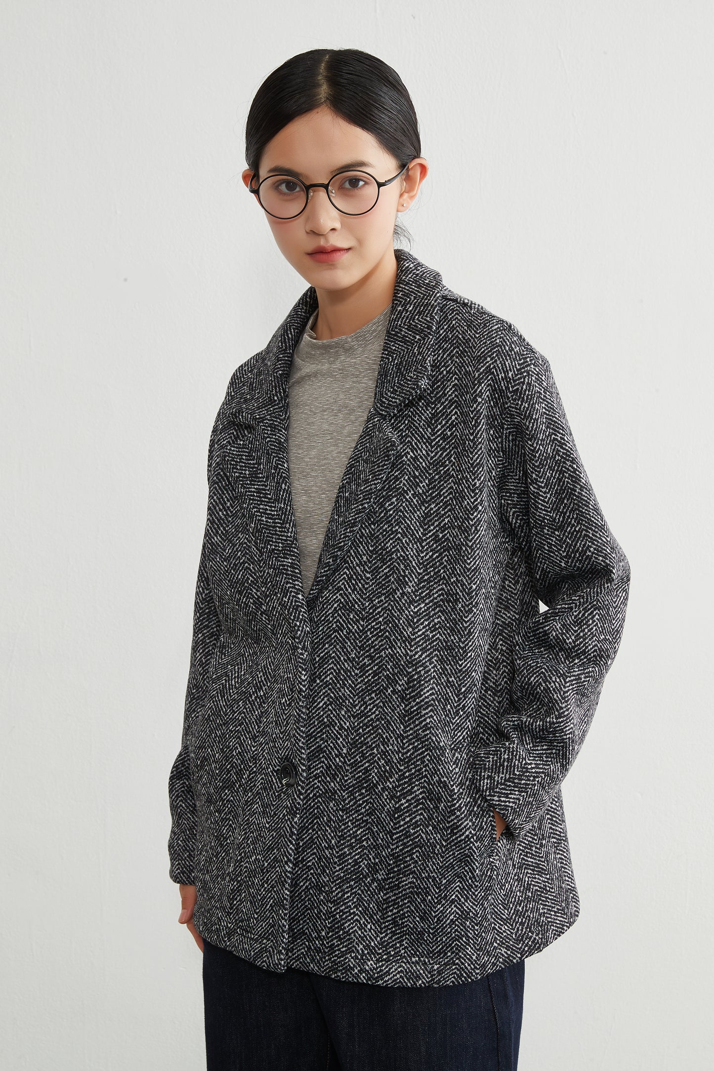 KNR643・ヘリンボーン柄裏起毛テーラードジャケット秋冬長袖暖かいアウター