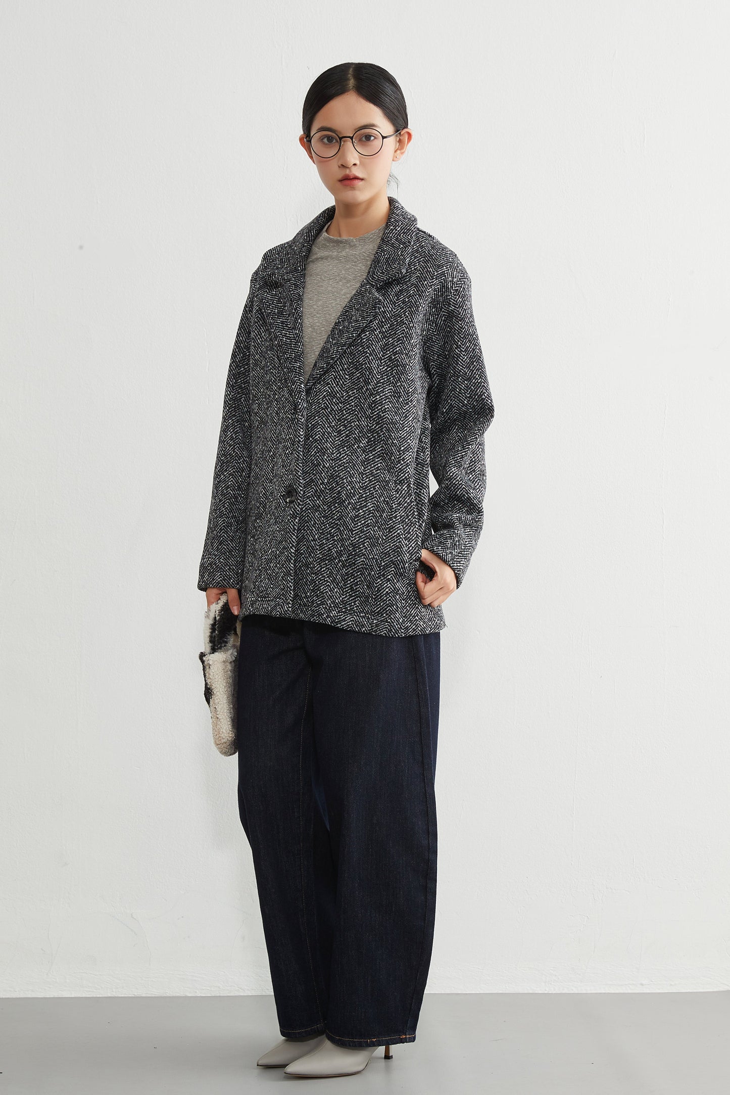 KNR643・ヘリンボーン柄裏起毛テーラードジャケット秋冬長袖暖かいアウター