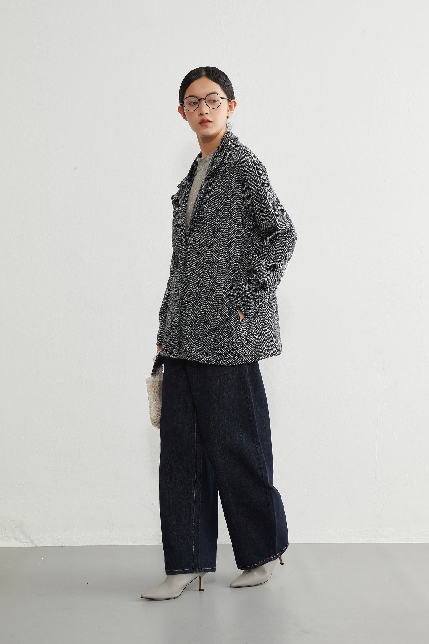 KNR643・ヘリンボーン柄裏起毛テーラードジャケット秋冬長袖暖かいアウター