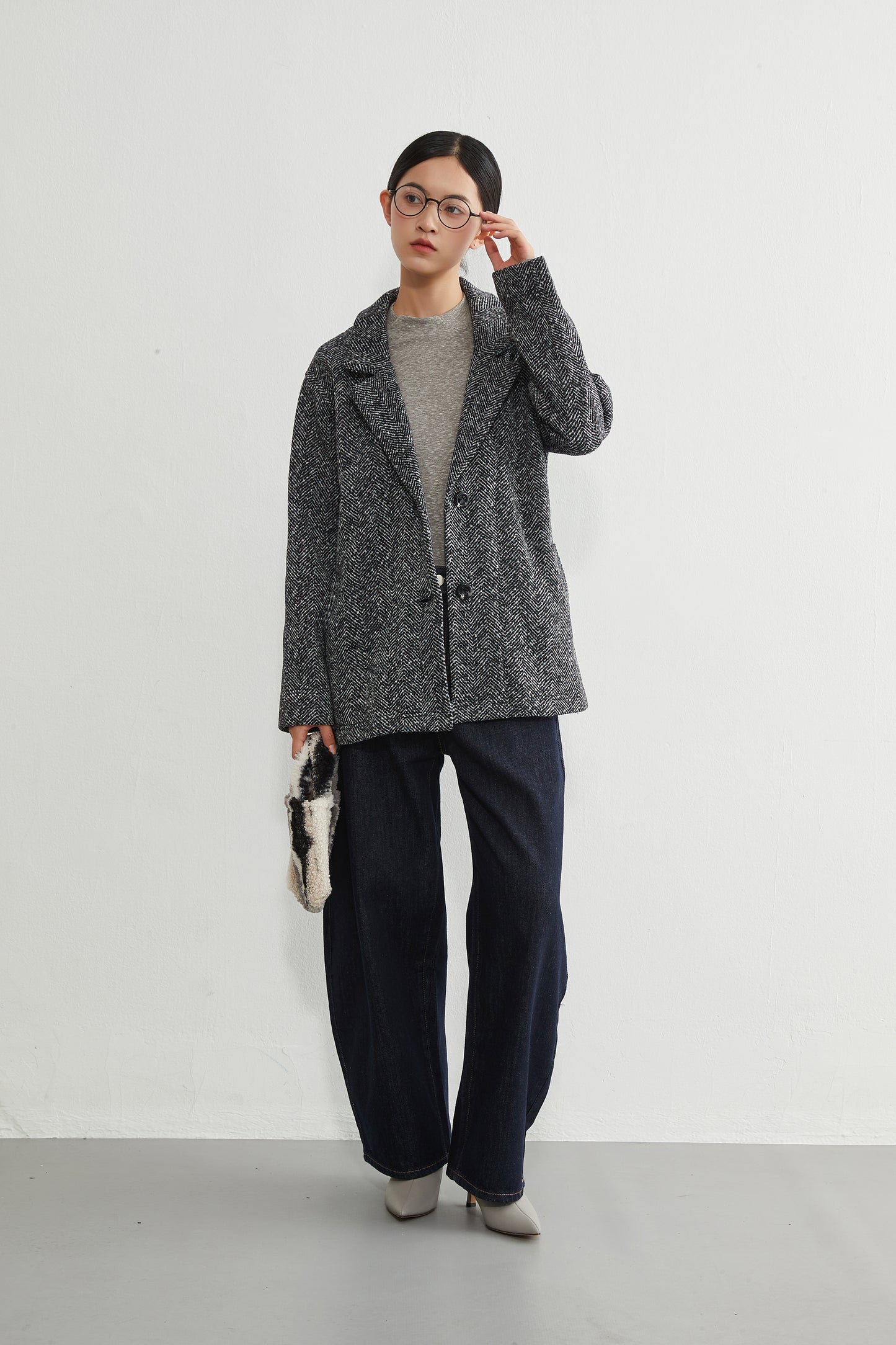 KNR643・ヘリンボーン柄裏起毛テーラードジャケット秋冬長袖暖かいアウター