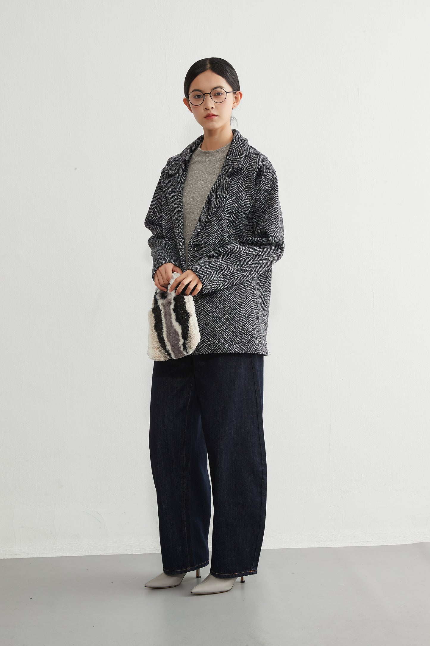 KNR643・ヘリンボーン柄裏起毛テーラードジャケット秋冬長袖暖かいアウター