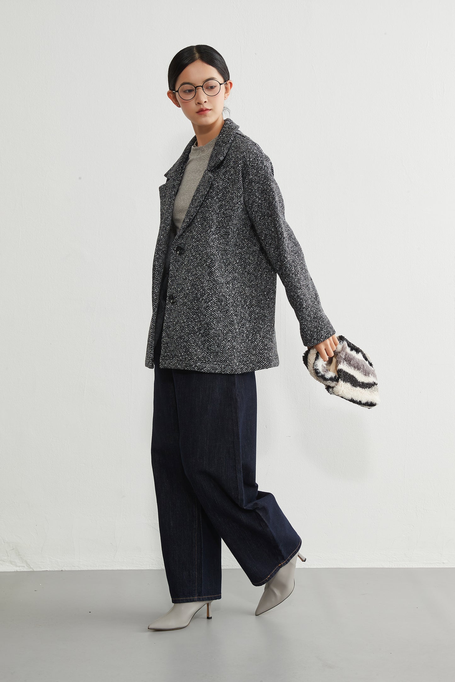 KNR643・ヘリンボーン柄裏起毛テーラードジャケット秋冬長袖暖かいアウター