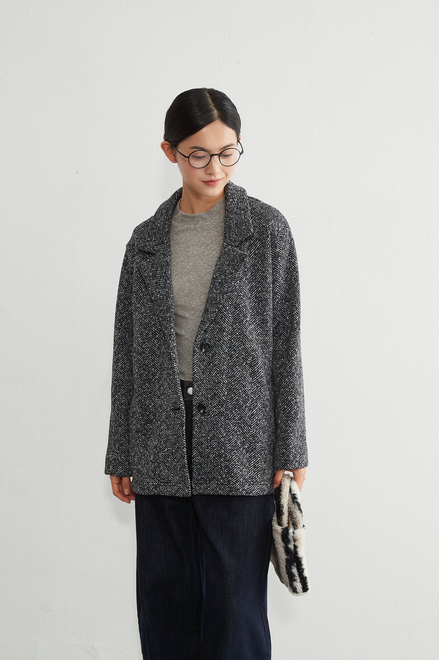 KNR643・ヘリンボーン柄裏起毛テーラードジャケット秋冬長袖暖かいアウター