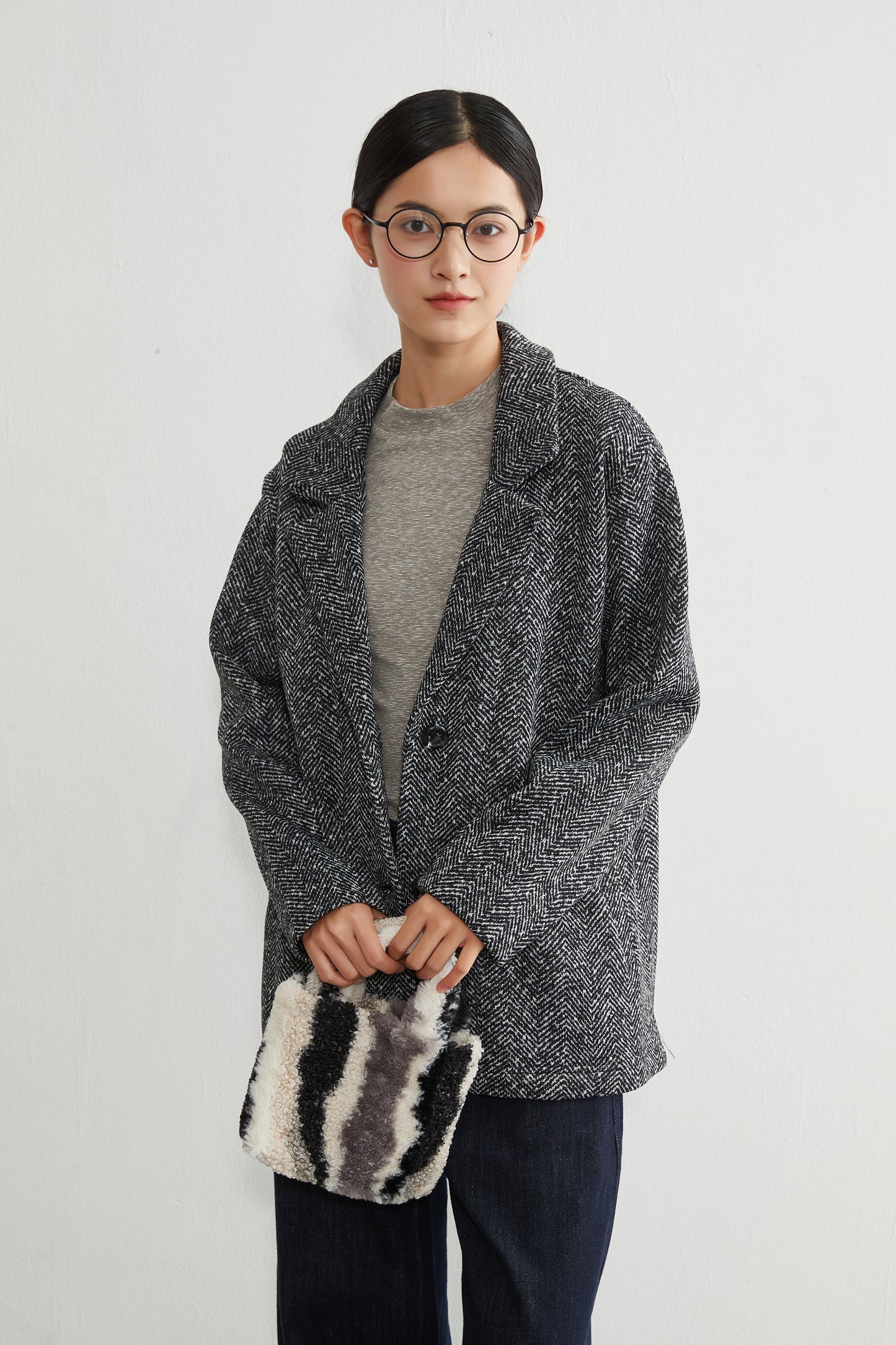 KNR643・ヘリンボーン柄裏起毛テーラードジャケット秋冬長袖暖かいアウター