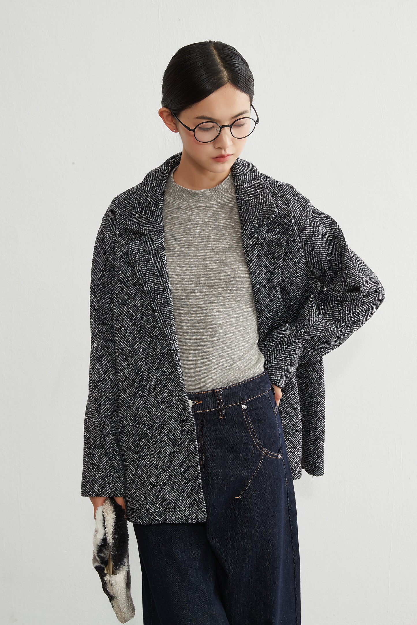 KNR643・ヘリンボーン柄裏起毛テーラードジャケット秋冬長袖暖かいアウター