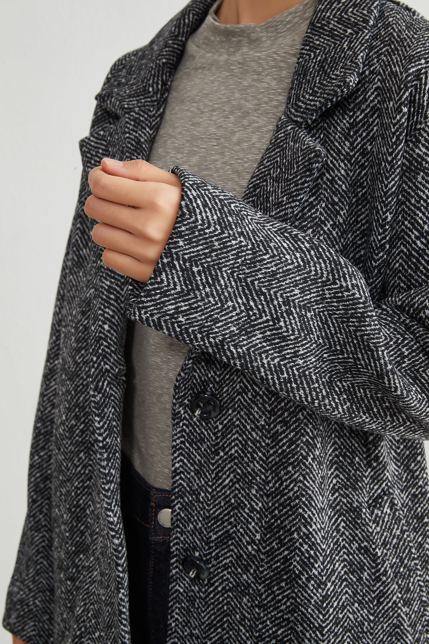 KNR643・ヘリンボーン柄裏起毛テーラードジャケット秋冬長袖暖かいアウター