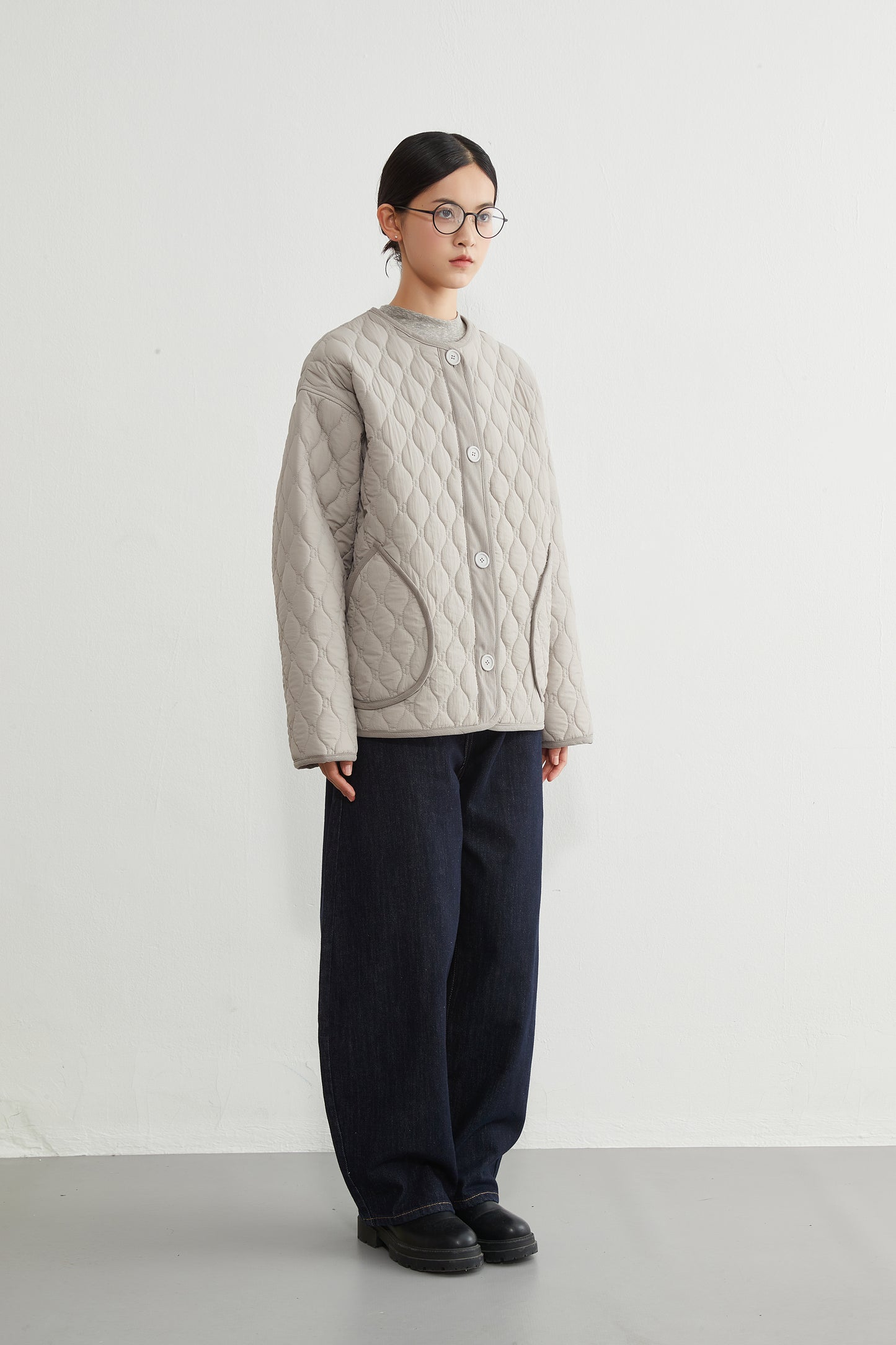 KNR649・ミニキノコ柄両面キルティング・ラウンドネック長袖中綿ジャケット