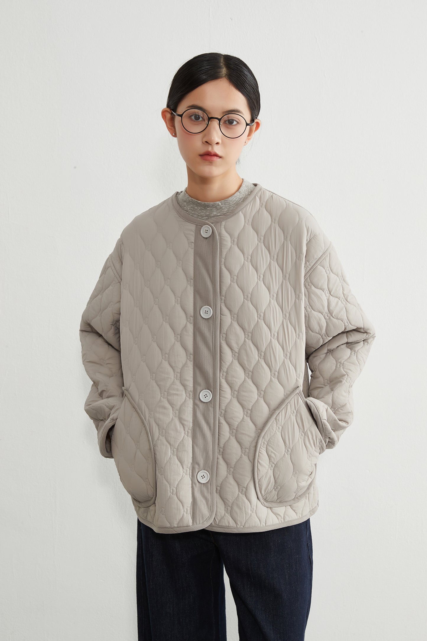 KNR649・ミニキノコ柄両面キルティング・ラウンドネック長袖中綿ジャケット