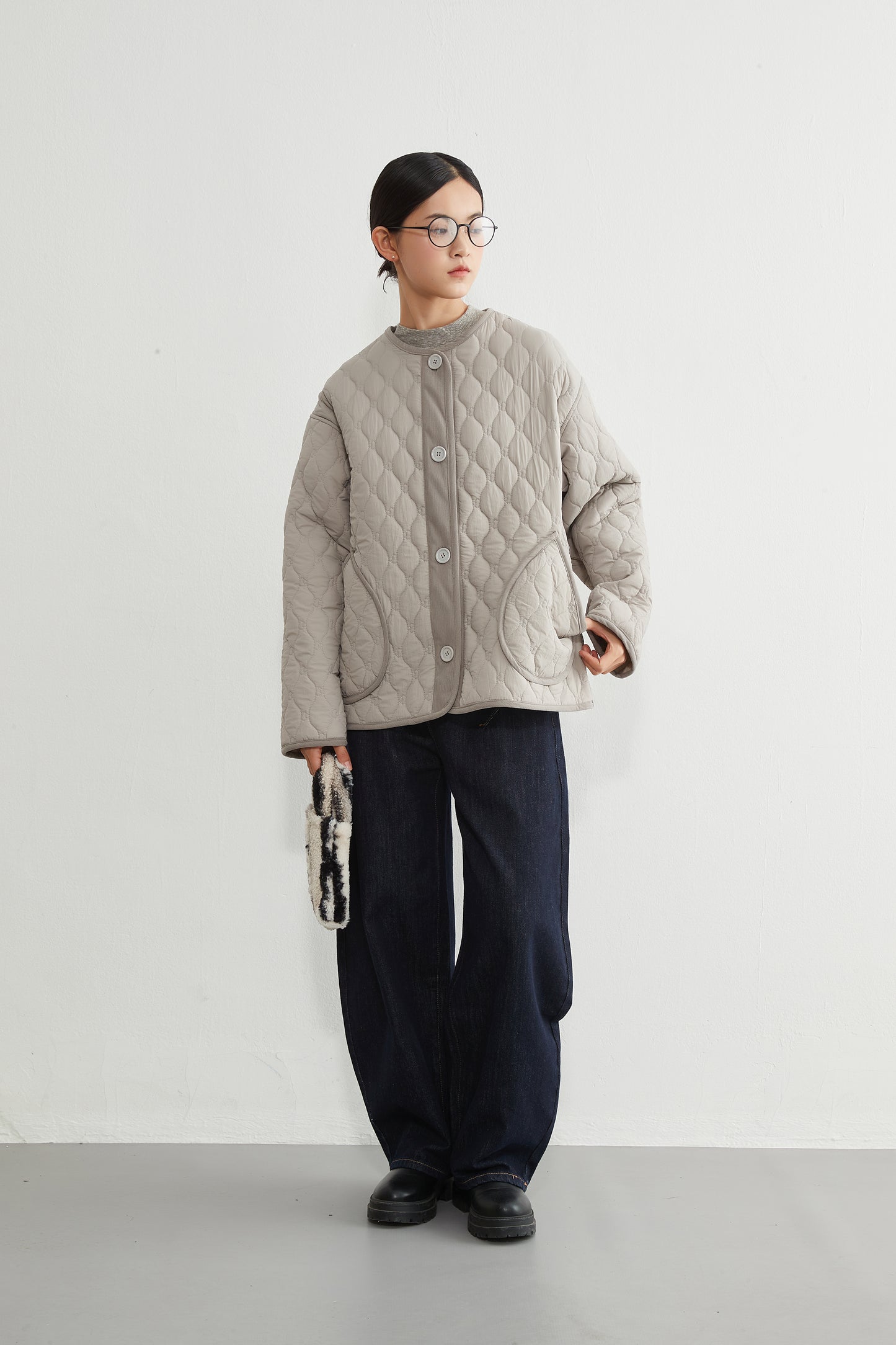 KNR649・ミニキノコ柄両面キルティング・ラウンドネック長袖中綿ジャケット