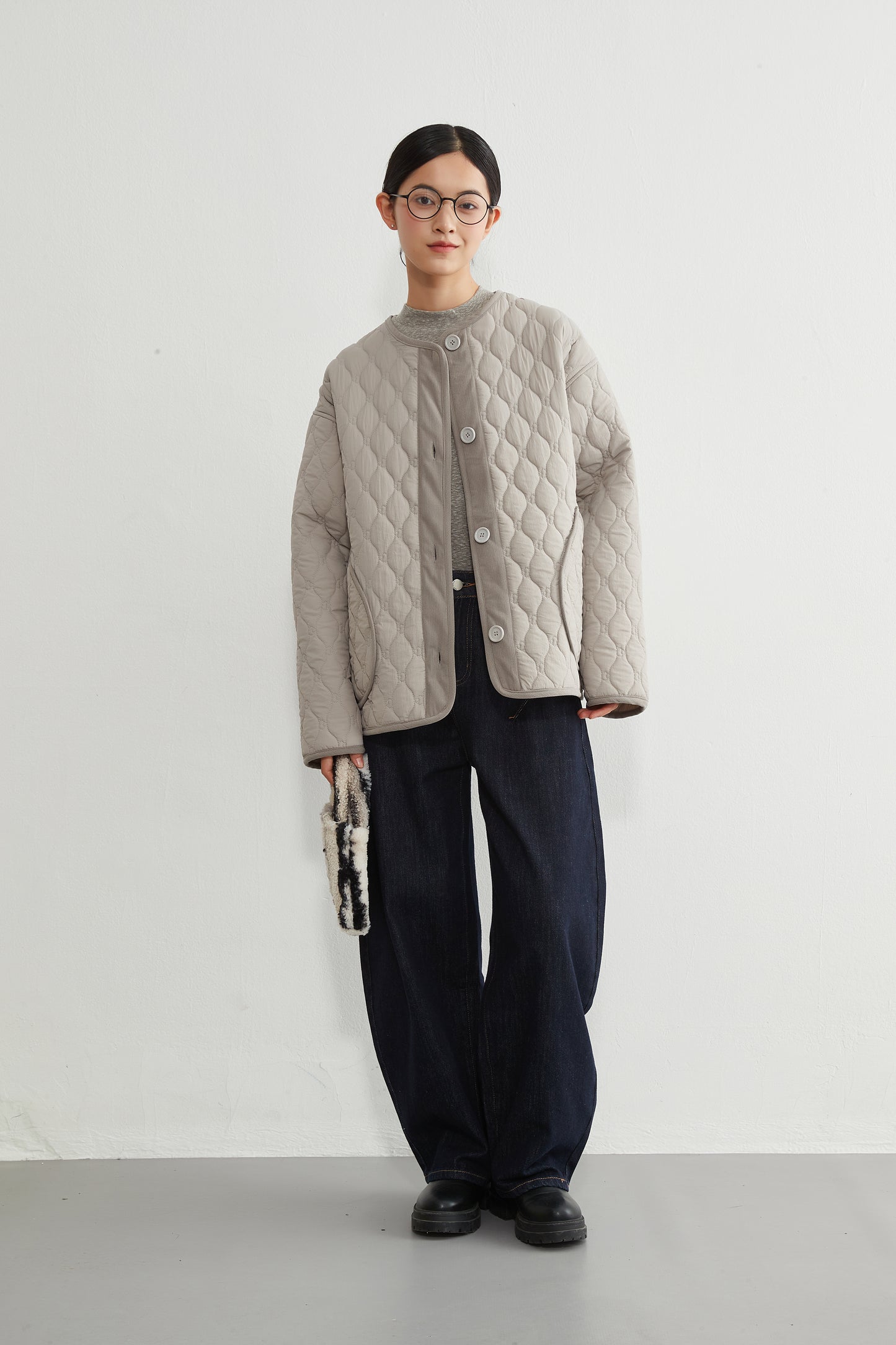 KNR649・ミニキノコ柄両面キルティング・ラウンドネック長袖中綿ジャケット